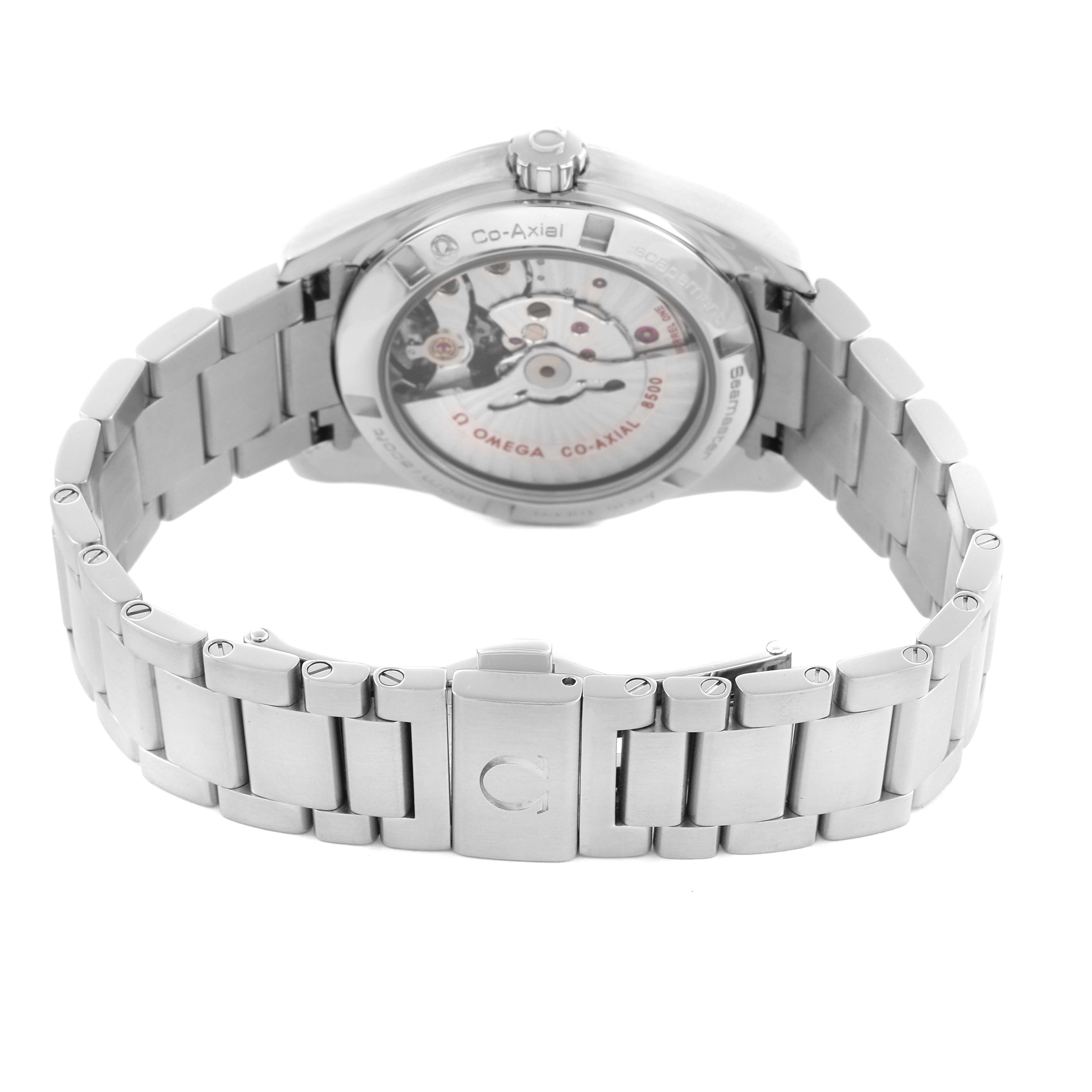 The Omega Aqua Terra 231.10.39.21.02.001 Men's Stainless Steel Silver Dial 231.10.39.21.02.001 Men's Stainless Steel Silver Dial watch is shown from the back, displaying the movement and metal bracelet.