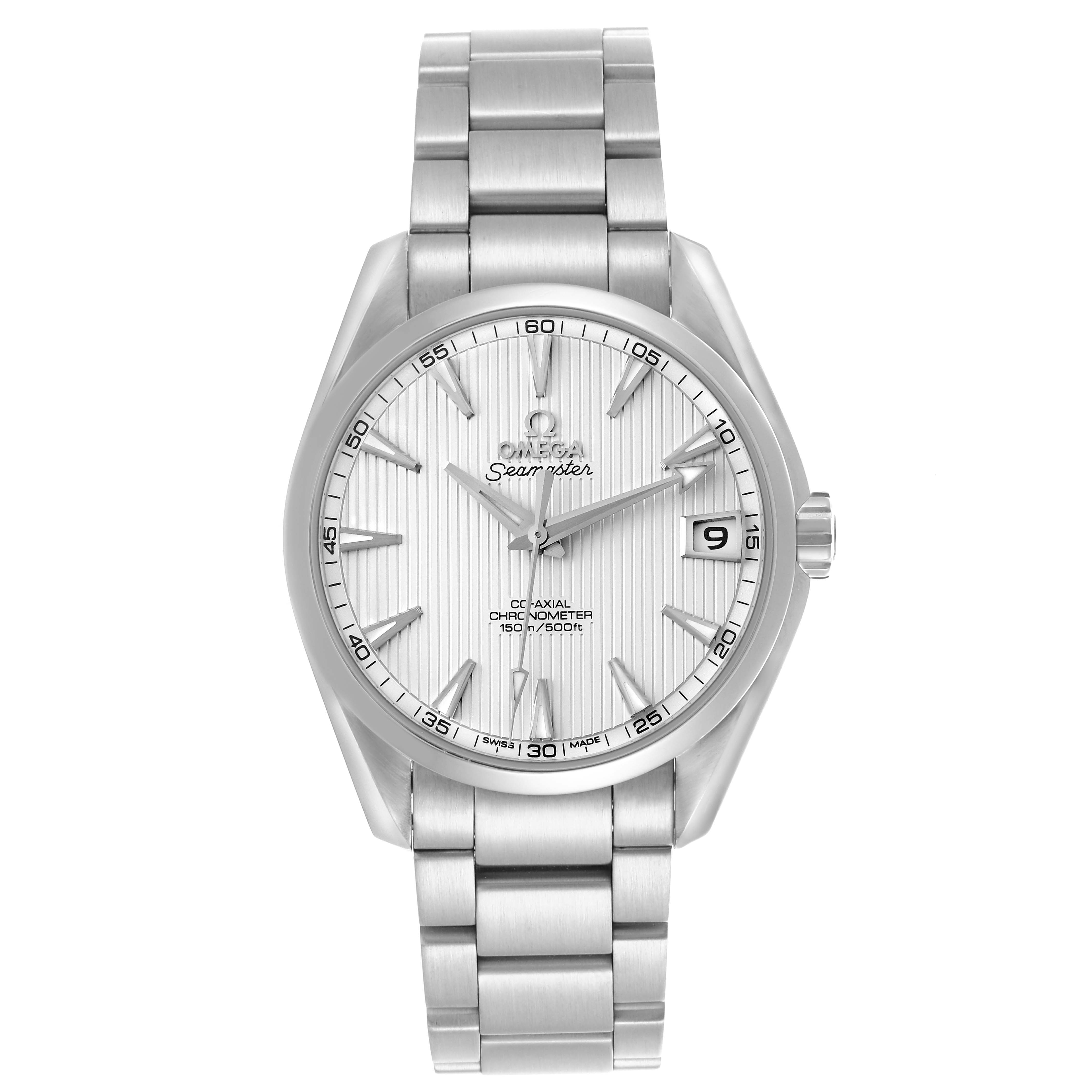 The Omega Aqua Terra 231.10.39.21.02.001 Men's Stainless Steel Silver Dial 231.10.39.21.02.001 Men's Stainless Steel Silver Dial watch is shown from a top-down angle, displaying its face, bracelet, and bezel.