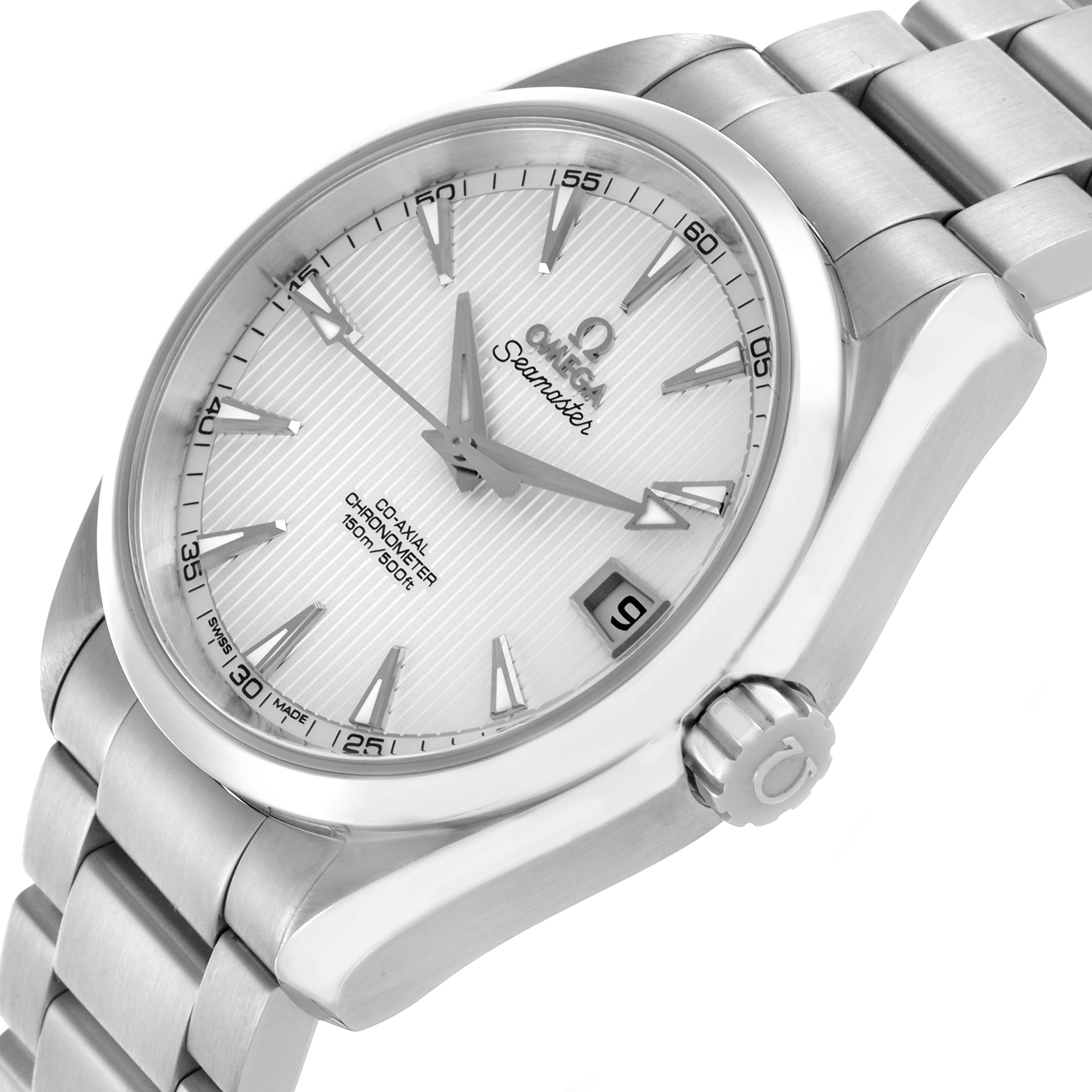 The Omega Aqua Terra 231.10.39.21.02.001 Men's Stainless Steel Silver Dial 231.10.39.21.02.001 Men's Stainless Steel Silver Dial watch is shown at a tilted angle displaying the face, case, and bracelet prominently.