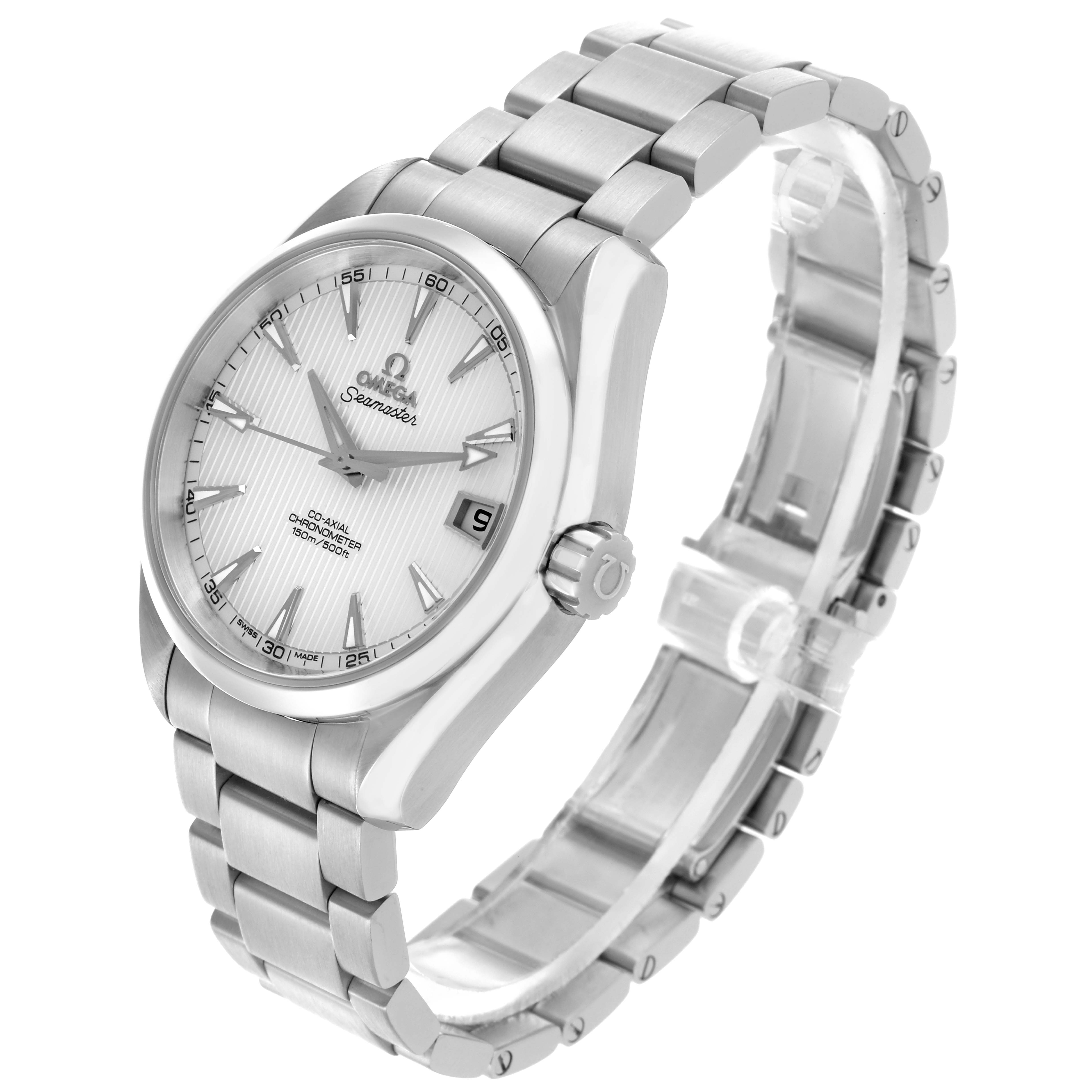 The Omega Aqua Terra 231.10.39.21.02.001 Men's Stainless Steel Silver Dial 231.10.39.21.02.001 Men's Stainless Steel Silver Dial watch is shown at a slight angled view, highlighting the face, case, crown, and bracelet.