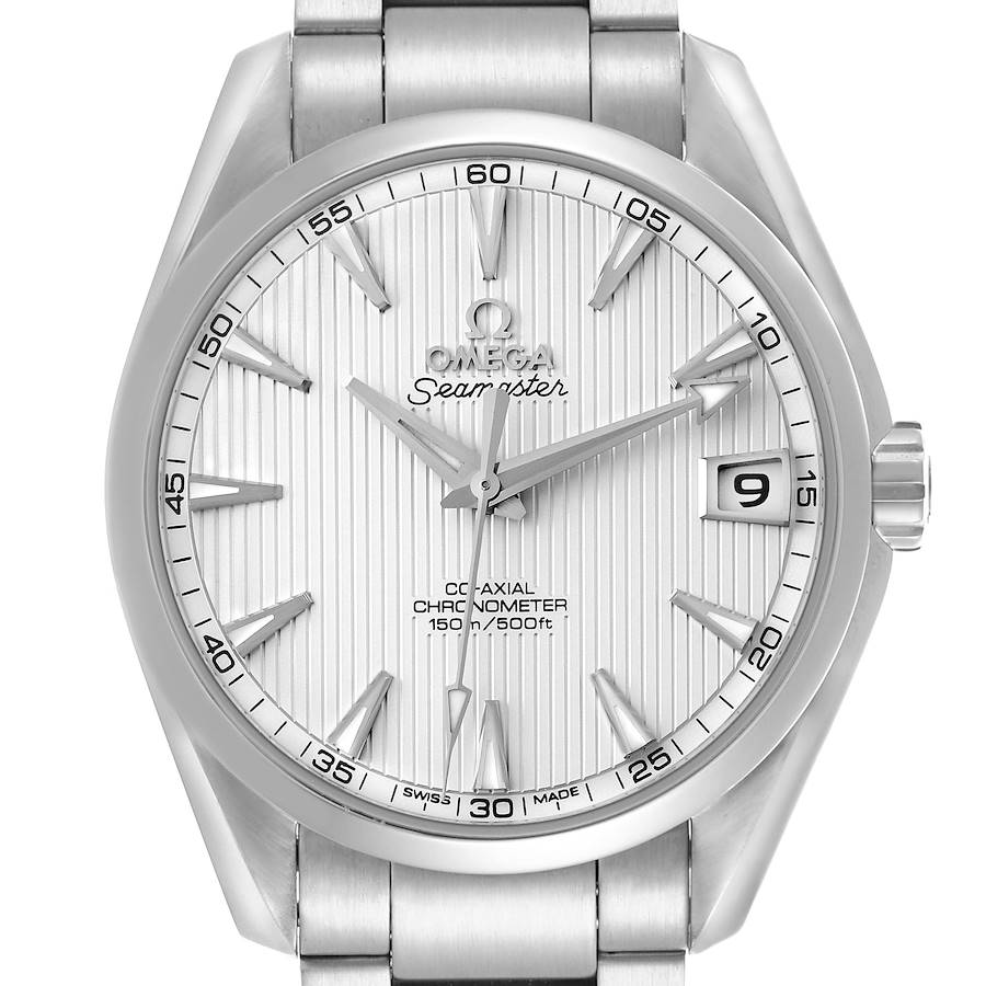 The Omega Aqua Terra watch is shown from a straight-on angle, displaying the dial, hands, indices, bezel, and part of the bracelet.