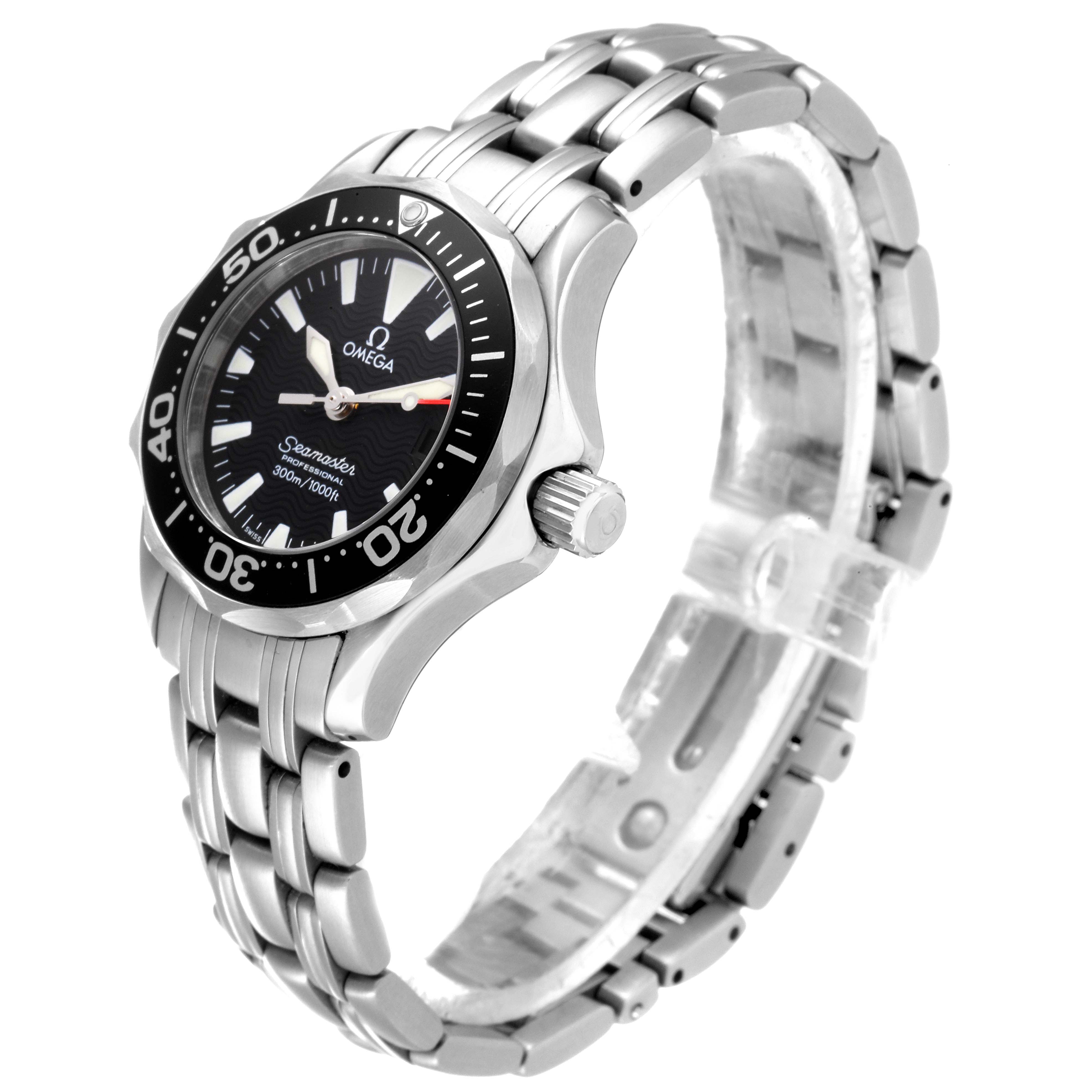 The image shows a side view angle of the Omega 2282.50.00 Women's Stainless Steel Black Dial 2282.50.00 Women's Stainless Steel Black Dial Seamaster Diver 300M Quartz 28mm Steel Ladies Watch 2282.50.00, highlighting the bezel, crown, and bracelet.