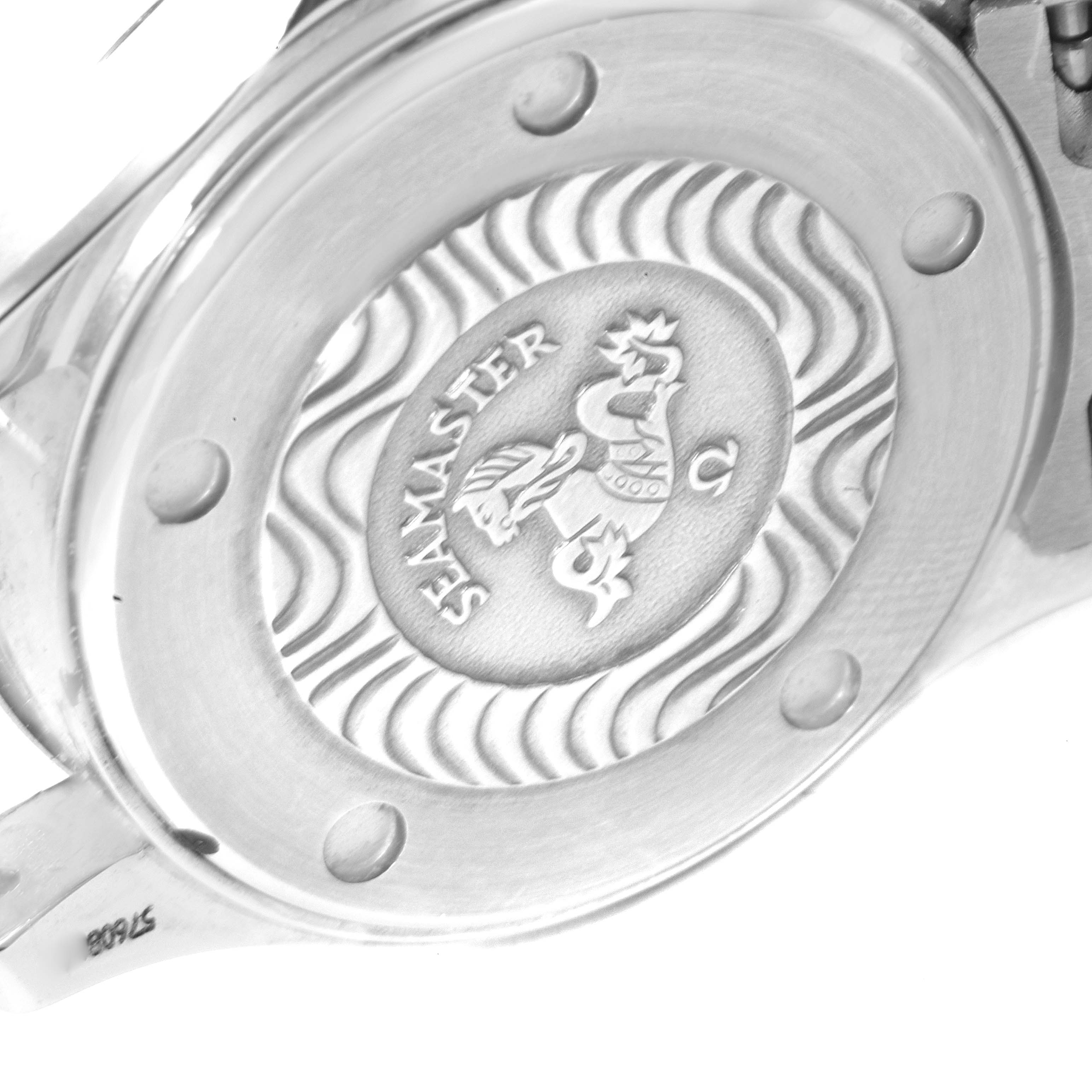 The image displays the case back of the Omega 2282.50.00 Women's Stainless Steel Black Dial 2282.50.00 Women's Stainless Steel Black Dial Seamaster Diver 300M Quartz 28mm Steel Ladies Watch 2282.50.00 with its iconic seahorse engraving.