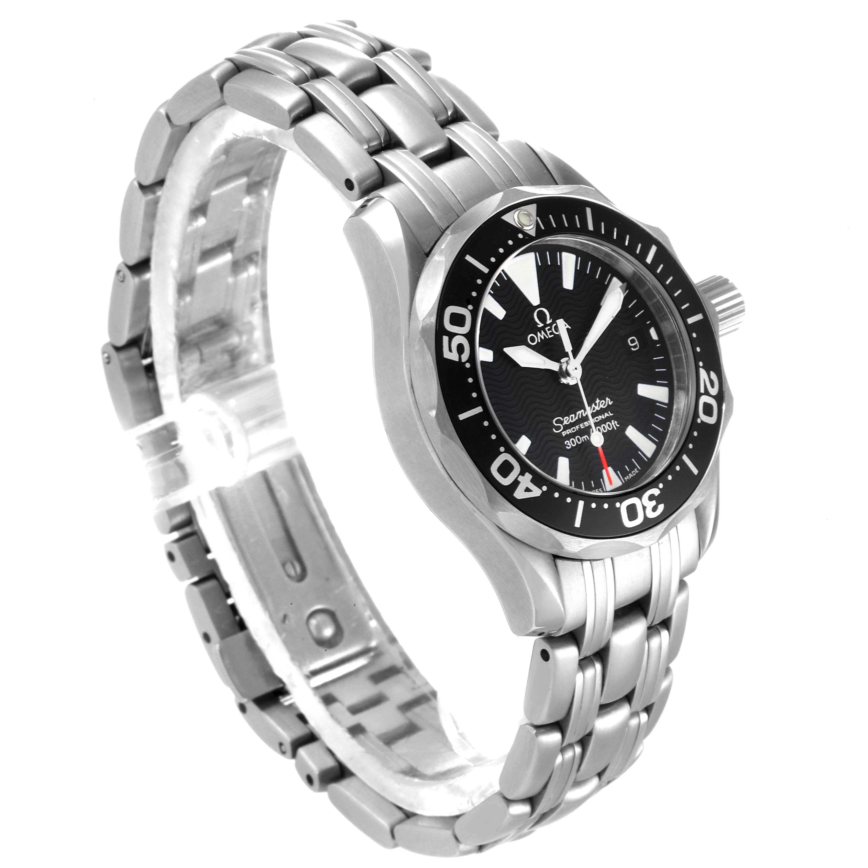 The image shows an angled view of the Omega 2282.50.00 Women's Stainless Steel Black Dial 2282.50.00 Women's Stainless Steel Black Dial Seamaster Diver 300M Quartz Steel Ladies Watch 2282.50.00, highlighting its bracelet and dial.