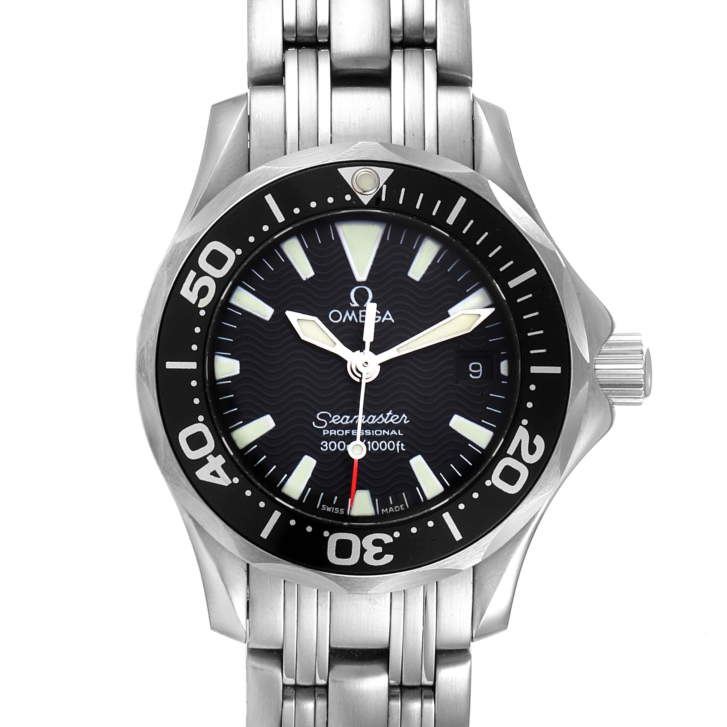 The image shows a front view of the Omega 2282.50.00 Women's Stainless Steel Black Dial 2282.50.00 Women's Stainless Steel Black Dial Seamaster Diver 300M Quartz 28mm Steel Ladies Watch 2282.50.00.