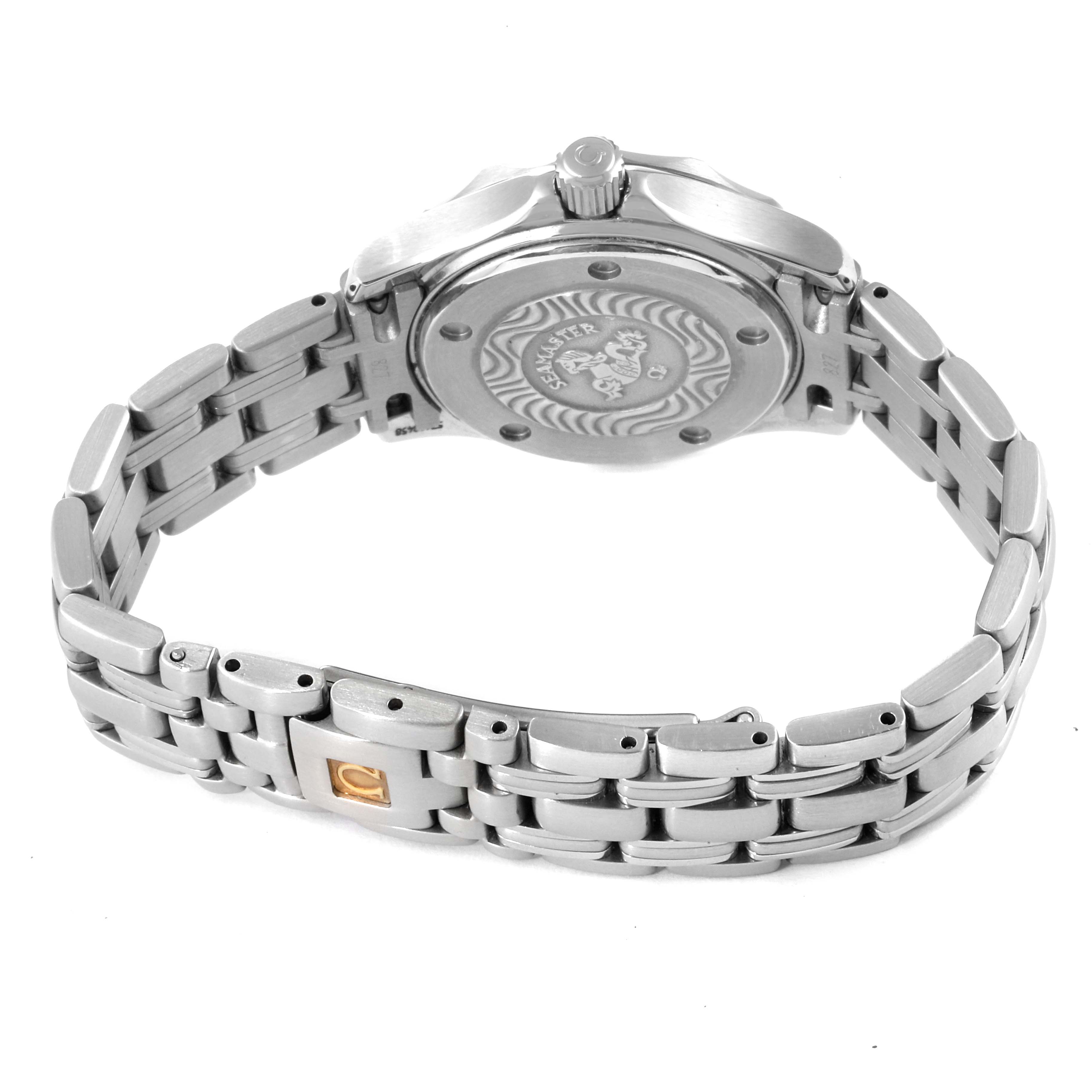 This image shows the back and bracelet of the Omega 2282.50.00 Women's Stainless Steel Black Dial 2282.50.00 Women's Stainless Steel Black Dial Seamaster Diver 300M Quartz 28mm Steel Ladies Watch model 2282.50.00.