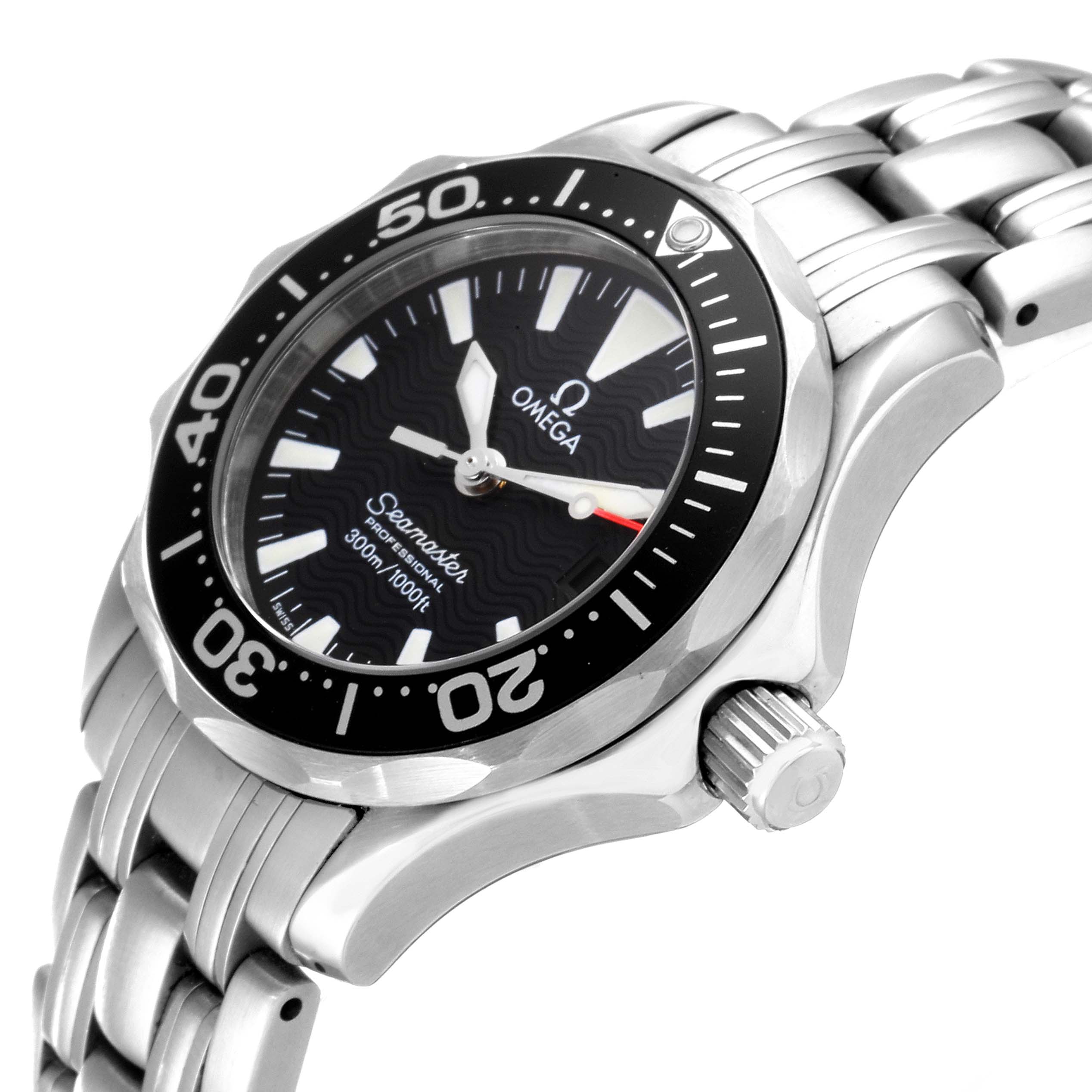 The image shows a side and partial front view of an Omega 2282.50.00 Women's Stainless Steel Black Dial 2282.50.00 Women's Stainless Steel Black Dial Seamaster Diver 300M Quartz 28mm Steel Ladies Watch model 2282.50.00.