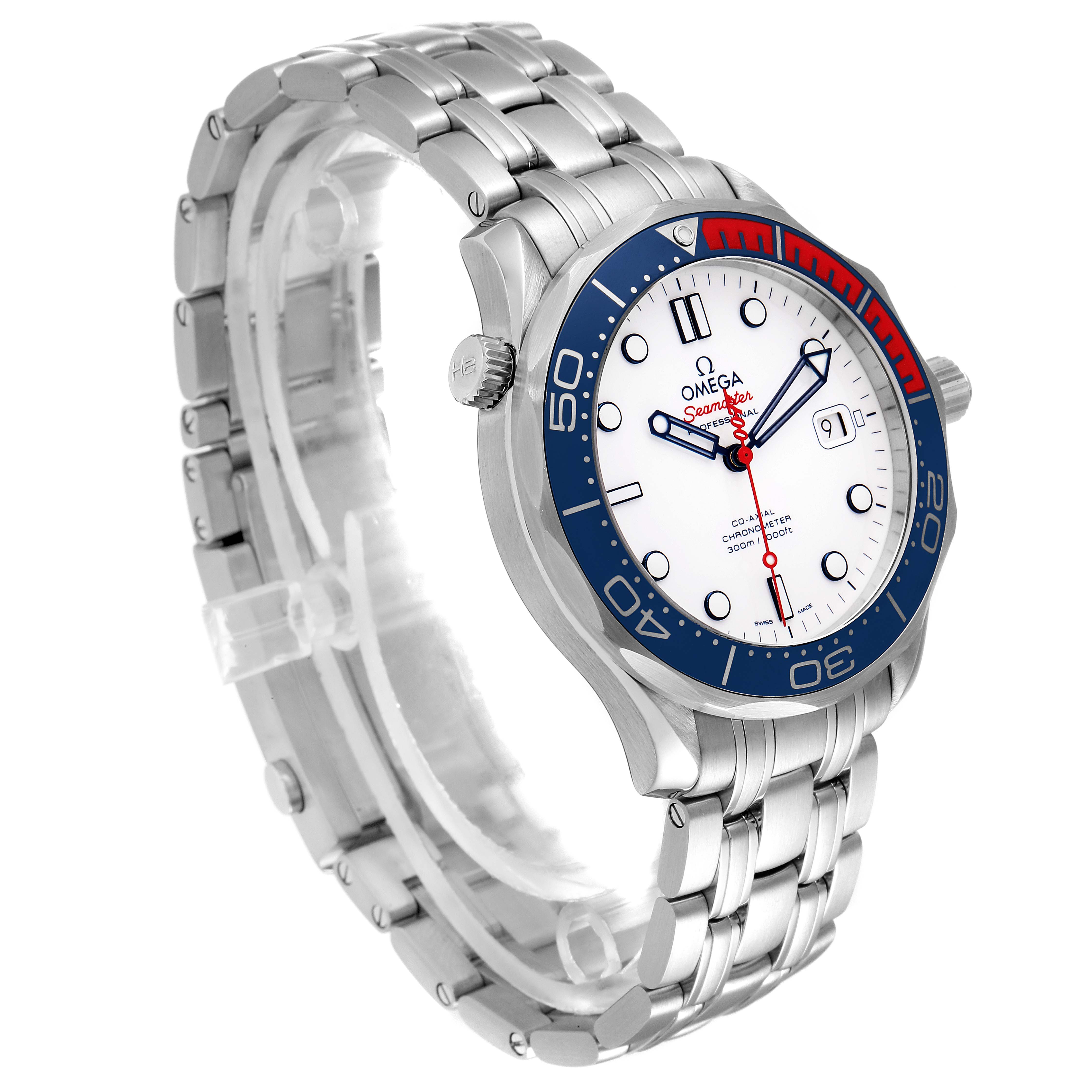 The Omega Seamaster 212.32.41.20.04.001 Men's Stainless Steel White Dial 212.32.41.20.04.001 Men's Stainless Steel White Dial watch is shown at a three-quarter angle, highlighting the face, bezel, crown, and stainless steel bracelet.