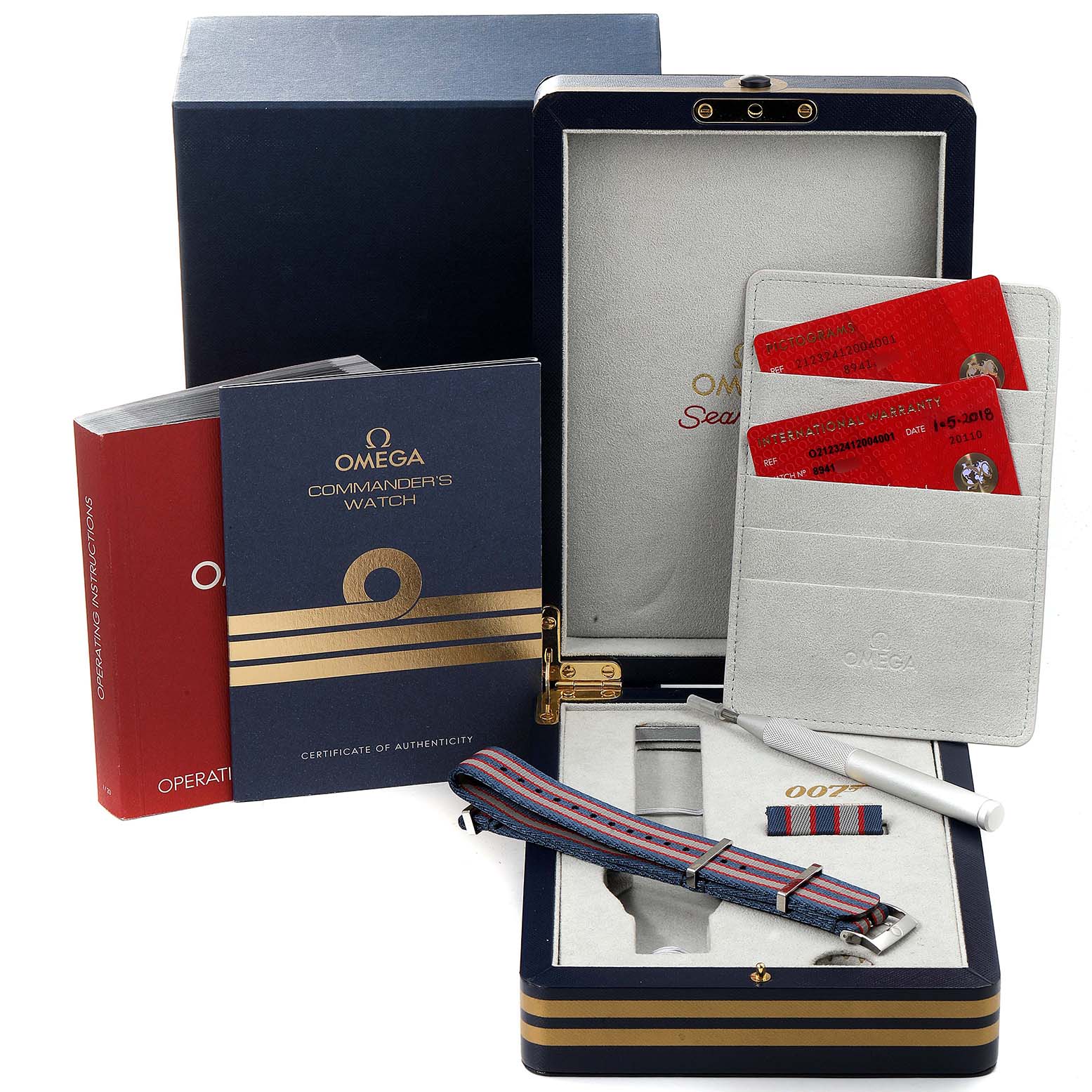 The image shows an Omega Seamaster 212.32.41.20.04.001 Men's Stainless Steel White Dial 212.32.41.20.04.001 Men's Stainless Steel White Dial model watch box, warranty cards, NATO strap, manual, tool, and certificate of authenticity.