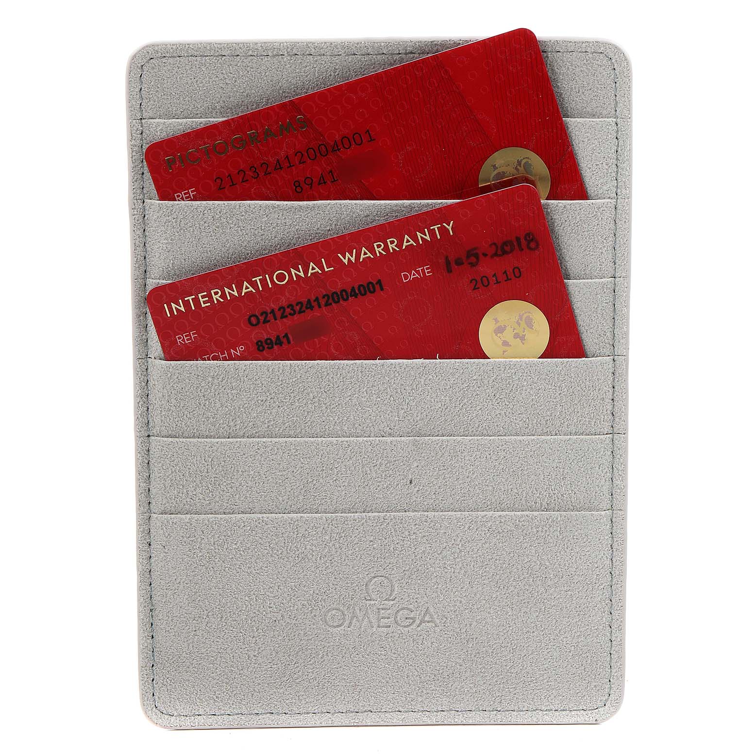 The image shows the warranty cards and cardholder for the Omega Seamaster 212.32.41.20.04.001 Men's Stainless Steel White Dial 212.32.41.20.04.001 Men's Stainless Steel White Dial watch.