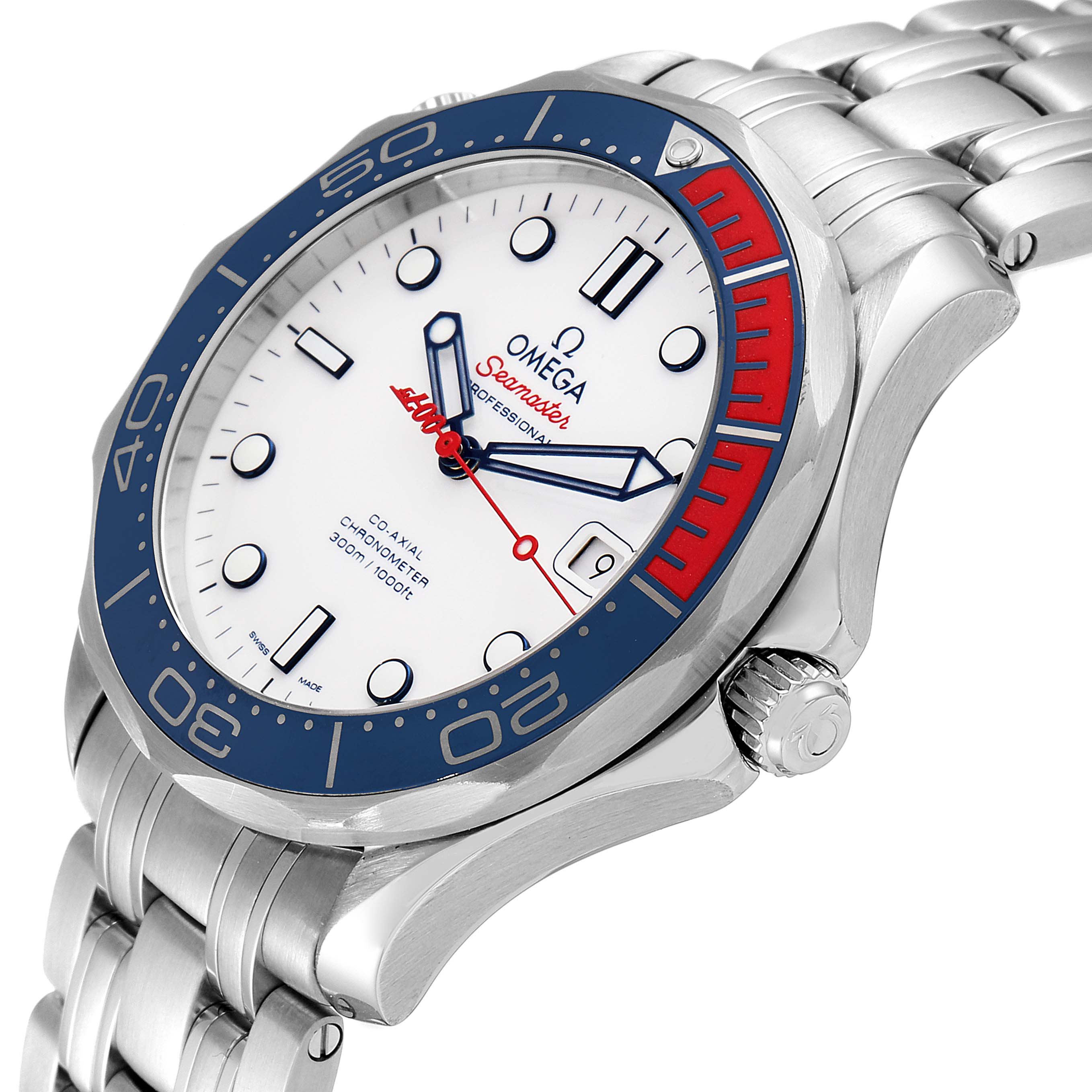 The image shows an angled view of an Omega Seamaster 212.32.41.20.04.001 Men's Stainless Steel White Dial 212.32.41.20.04.001 Men's Stainless Steel White Dial watch, highlighting its face, bezel, and bracelet.