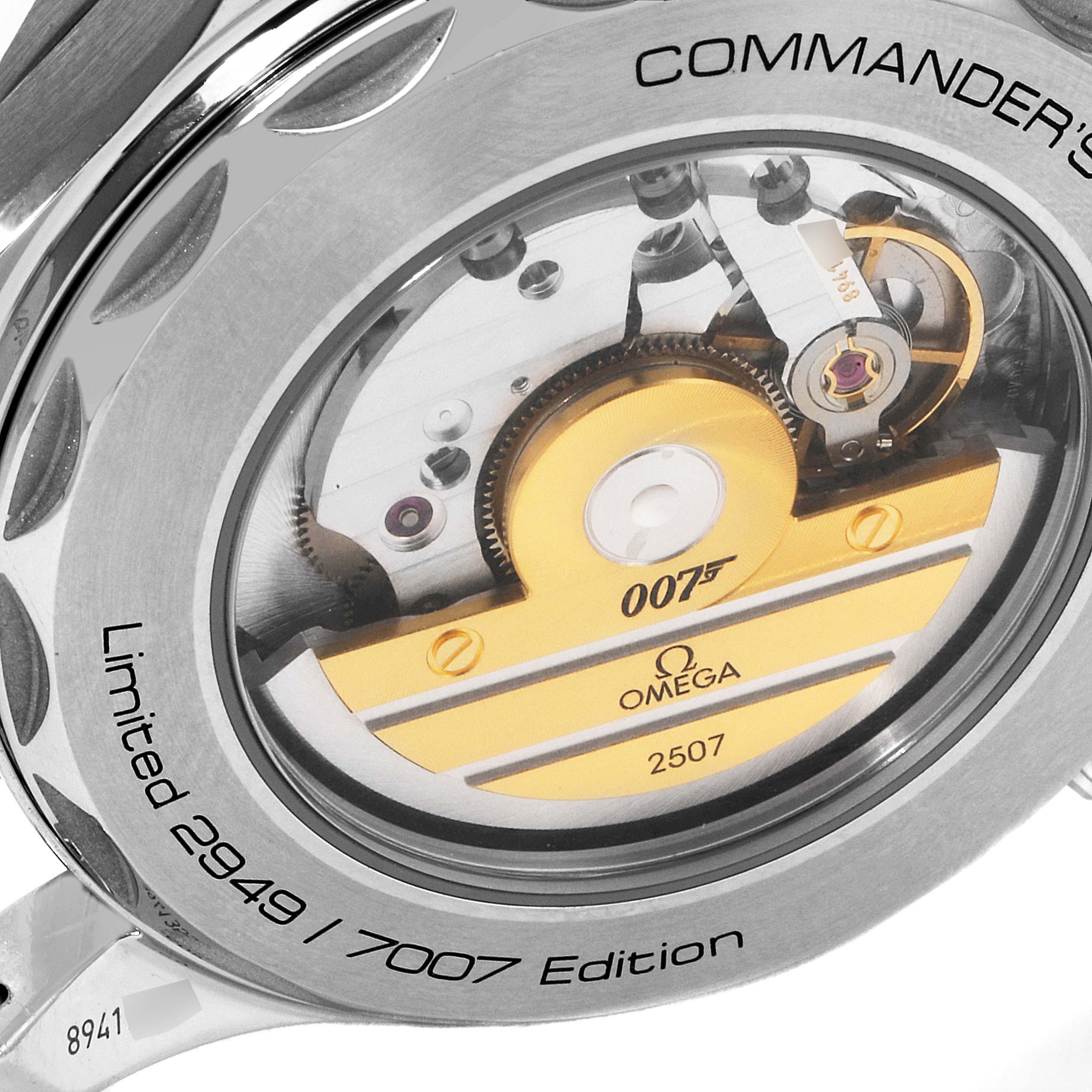 This image shows the back view of the Omega Seamaster 212.32.41.20.04.001 Men's Stainless Steel White Dial 212.32.41.20.04.001 Men's Stainless Steel White Dial Commander's watch, highlighting the movement and limited edition engraving.