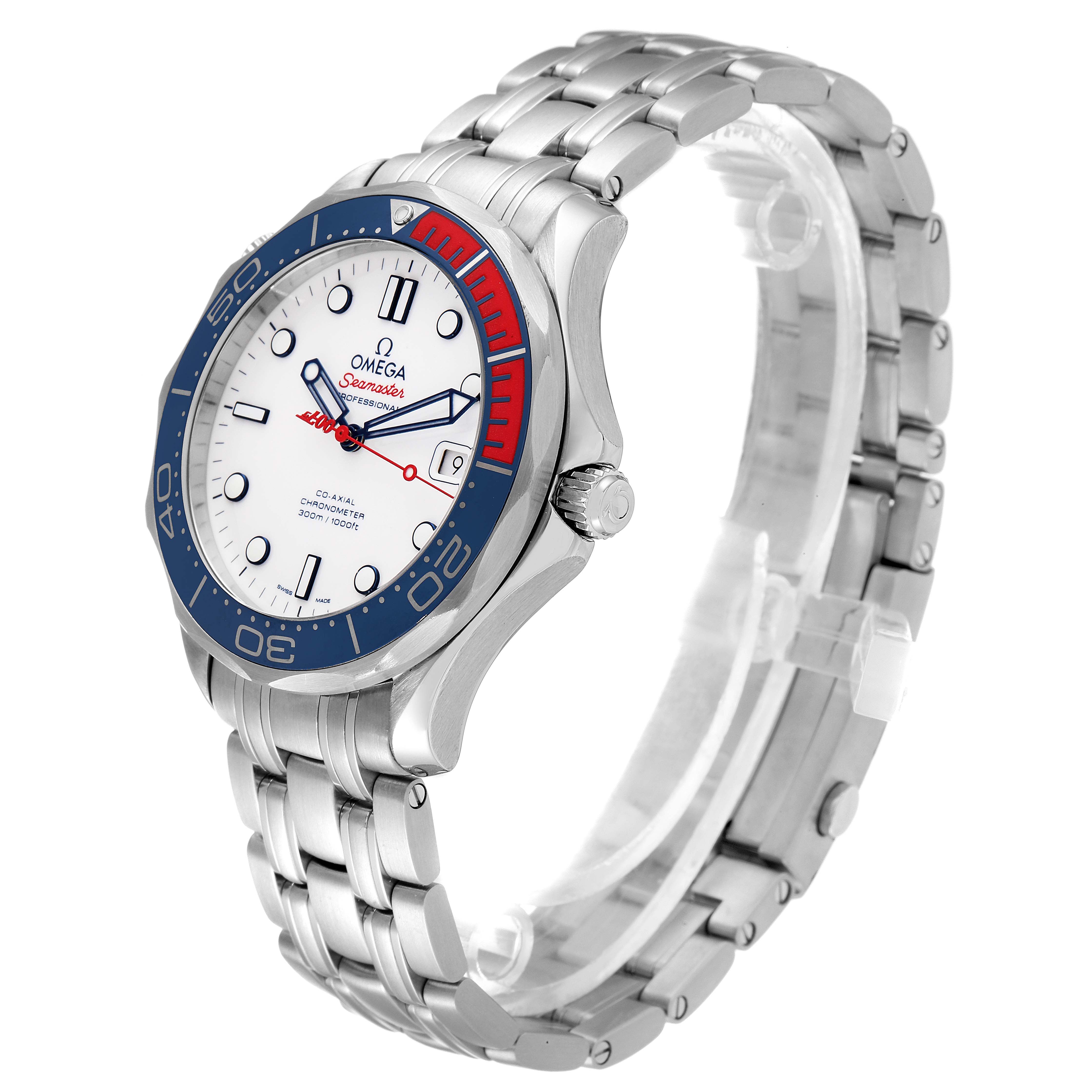 The Omega Seamaster 212.32.41.20.04.001 Men's Stainless Steel White Dial 212.32.41.20.04.001 Men's Stainless Steel White Dial watch is shown at a three-quarter angle, displaying its face, bezel, crown, and stainless steel bracelet.