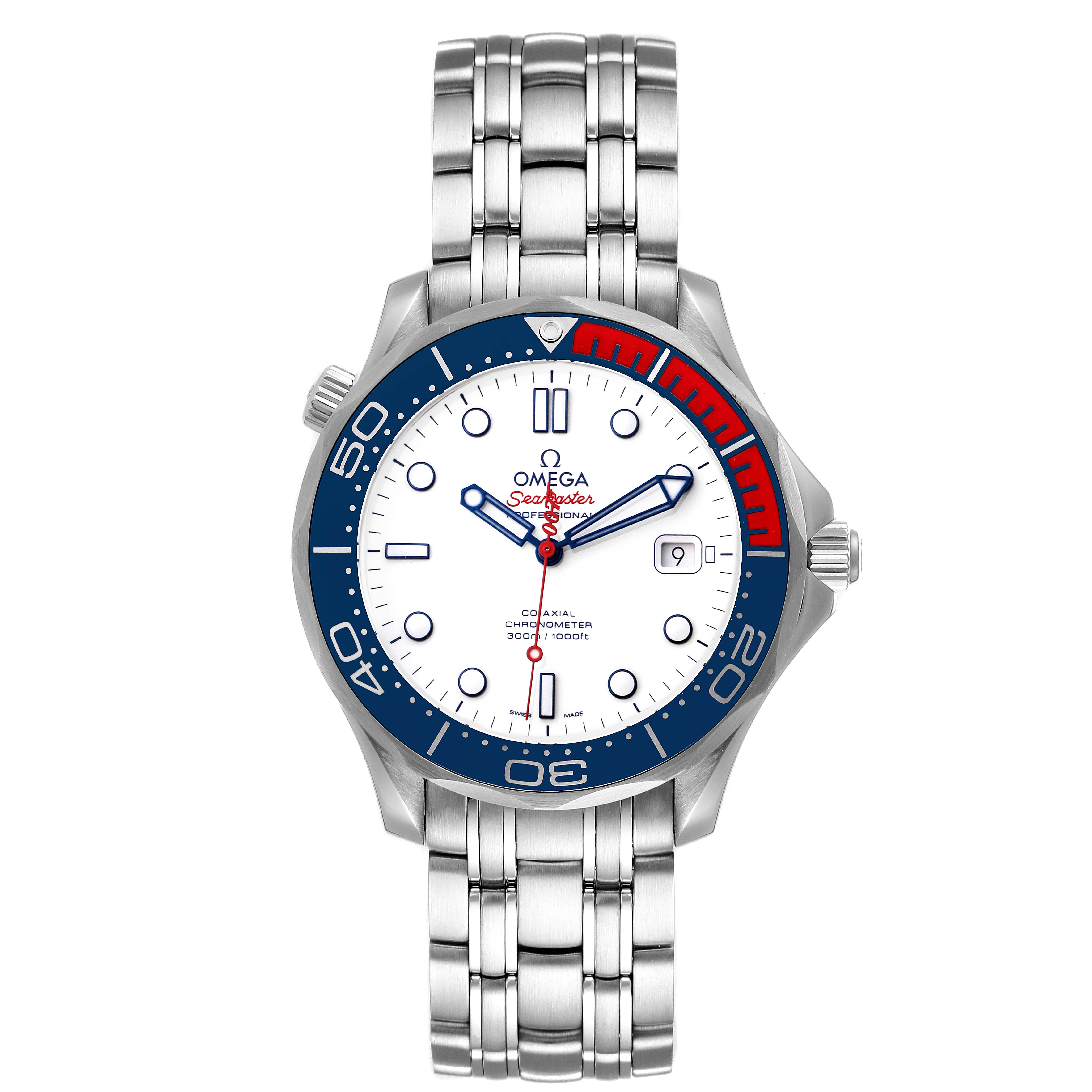 The Omega Seamaster 212.32.41.20.04.001 Men's Stainless Steel White Dial 212.32.41.20.04.001 Men's Stainless Steel White Dial watch is shown from the front, displaying its face, bezel, bracelet, and crown.