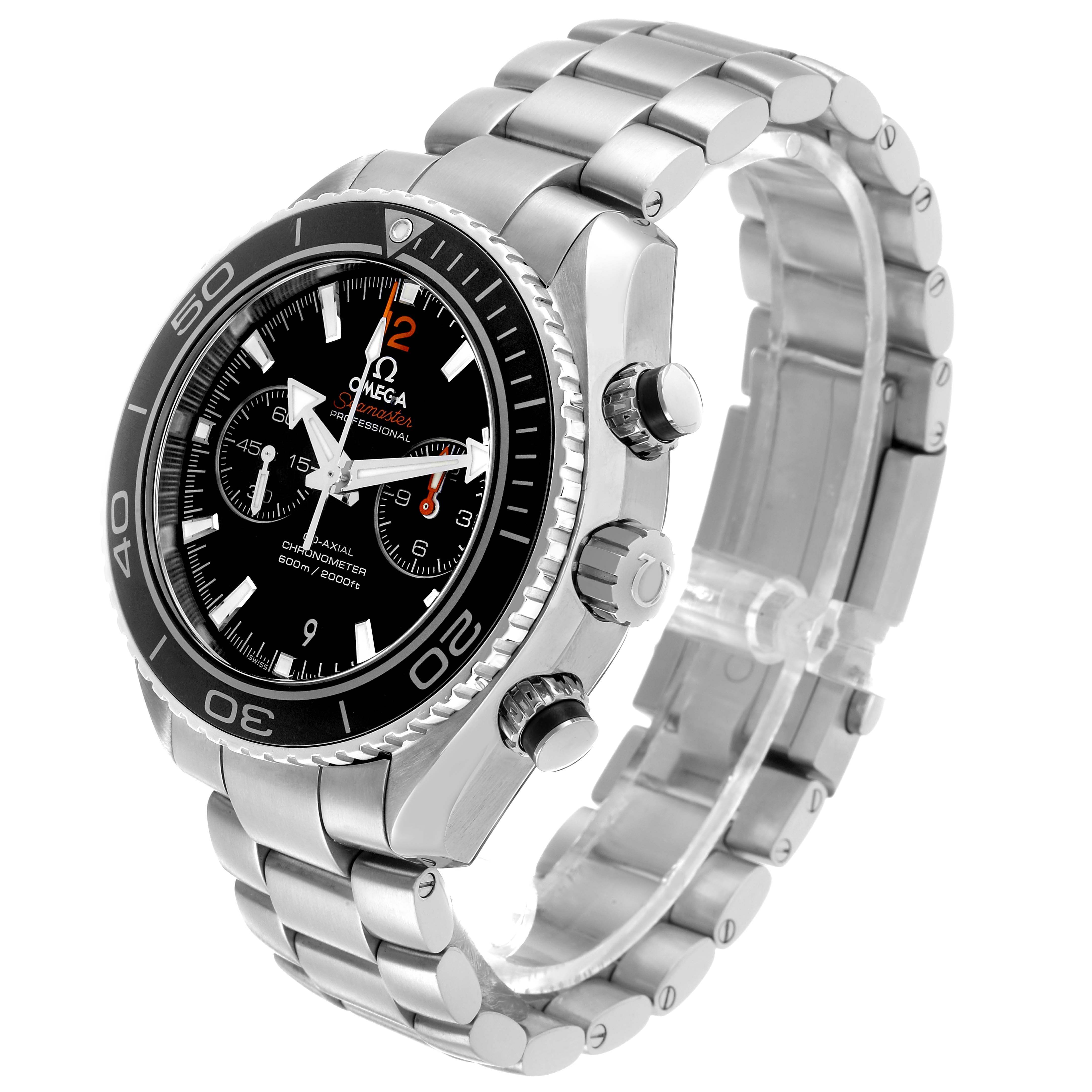 The Omega Planet Ocean 232.30.46.51.01.003 Men's Stainless Steel Black Dial watch is angled to show the face, bezel, crown, pushers, and metal bracelet.