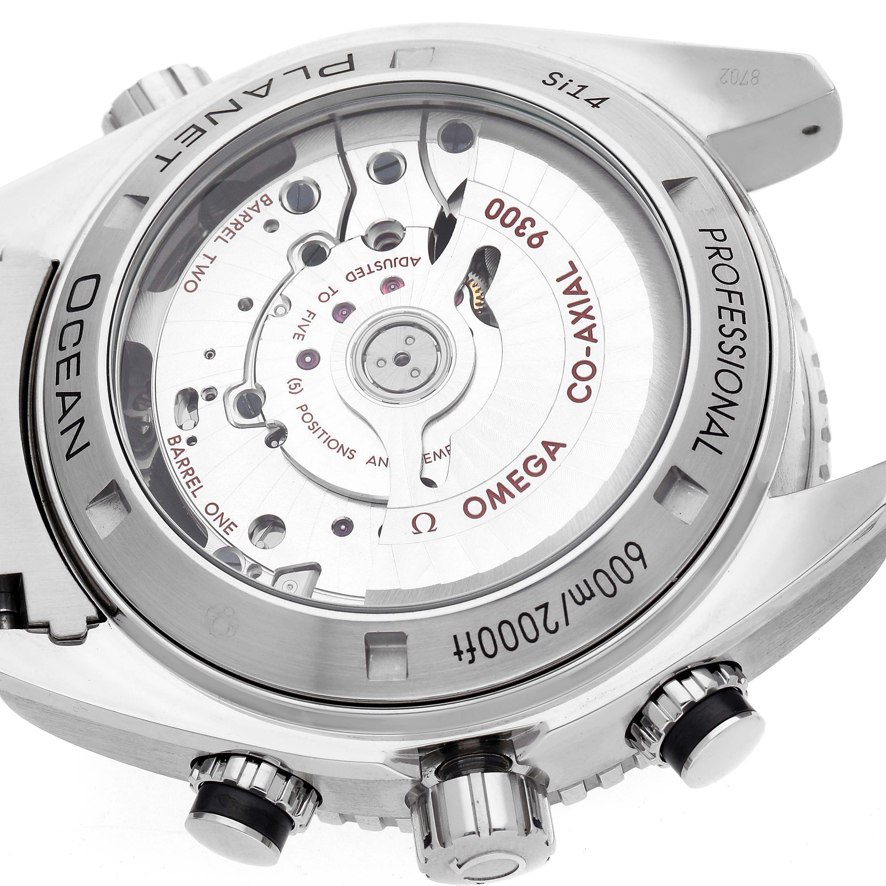 The image shows the back of the Omega Planet Ocean 232.30.46.51.01.003 Men's Stainless Steel Black Dial watch, highlighting its co-axial movement and case details.