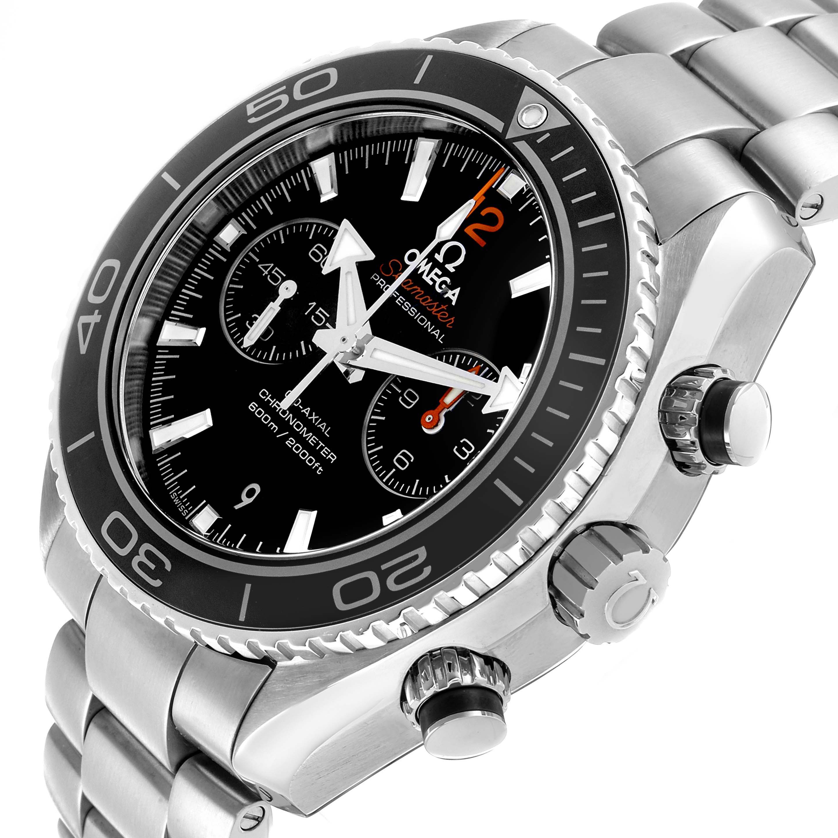 The Omega Planet Ocean 232.30.46.51.01.003 Men's Stainless Steel Black Dial watch is shown at an angled side view, displaying the bezel, crown, pushers, and part of the bracelet.