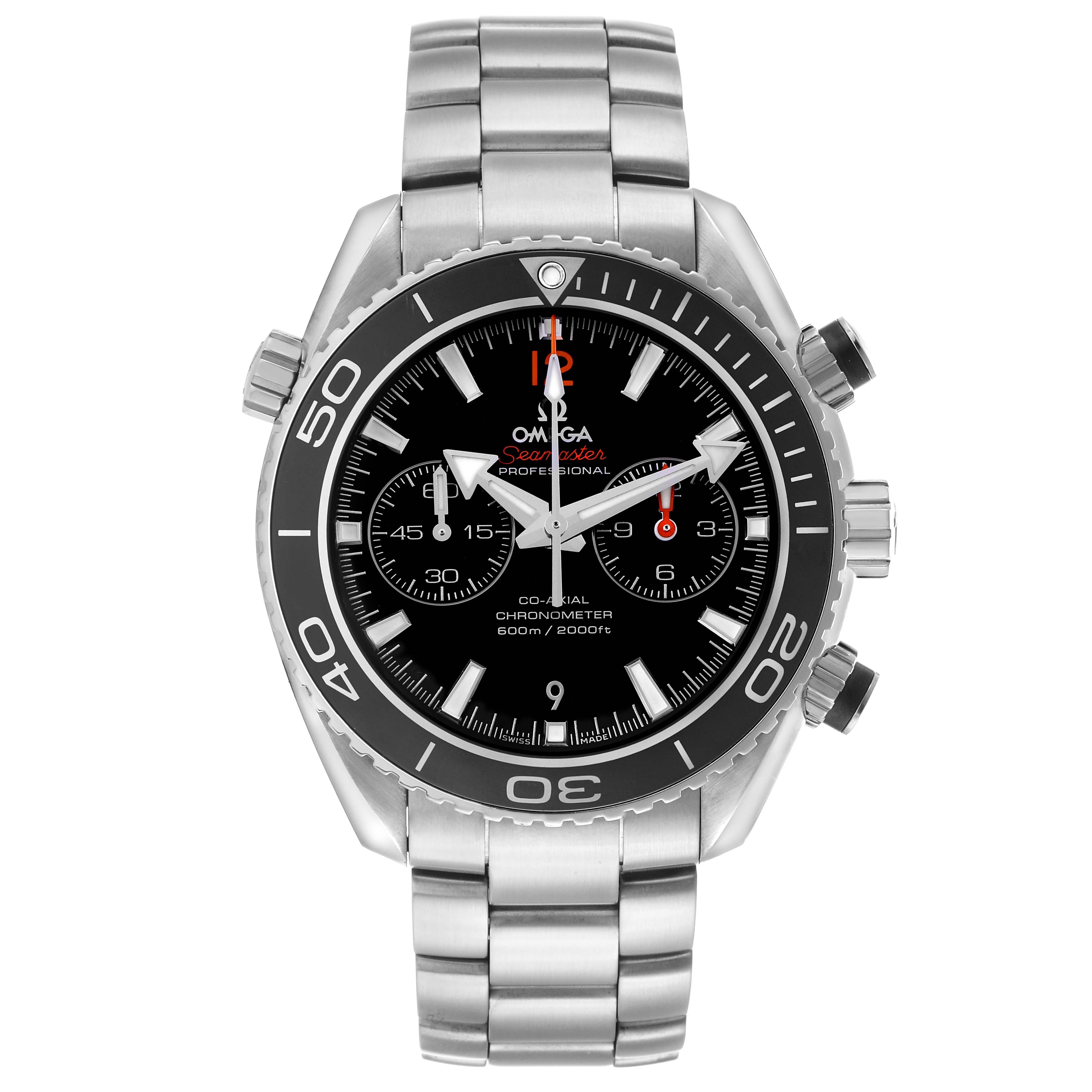 The Omega Planet Ocean 232.30.46.51.01.003 Men's Stainless Steel Black Dial watch is shown from the front, displaying the dial, bezel, and stainless steel bracelet.