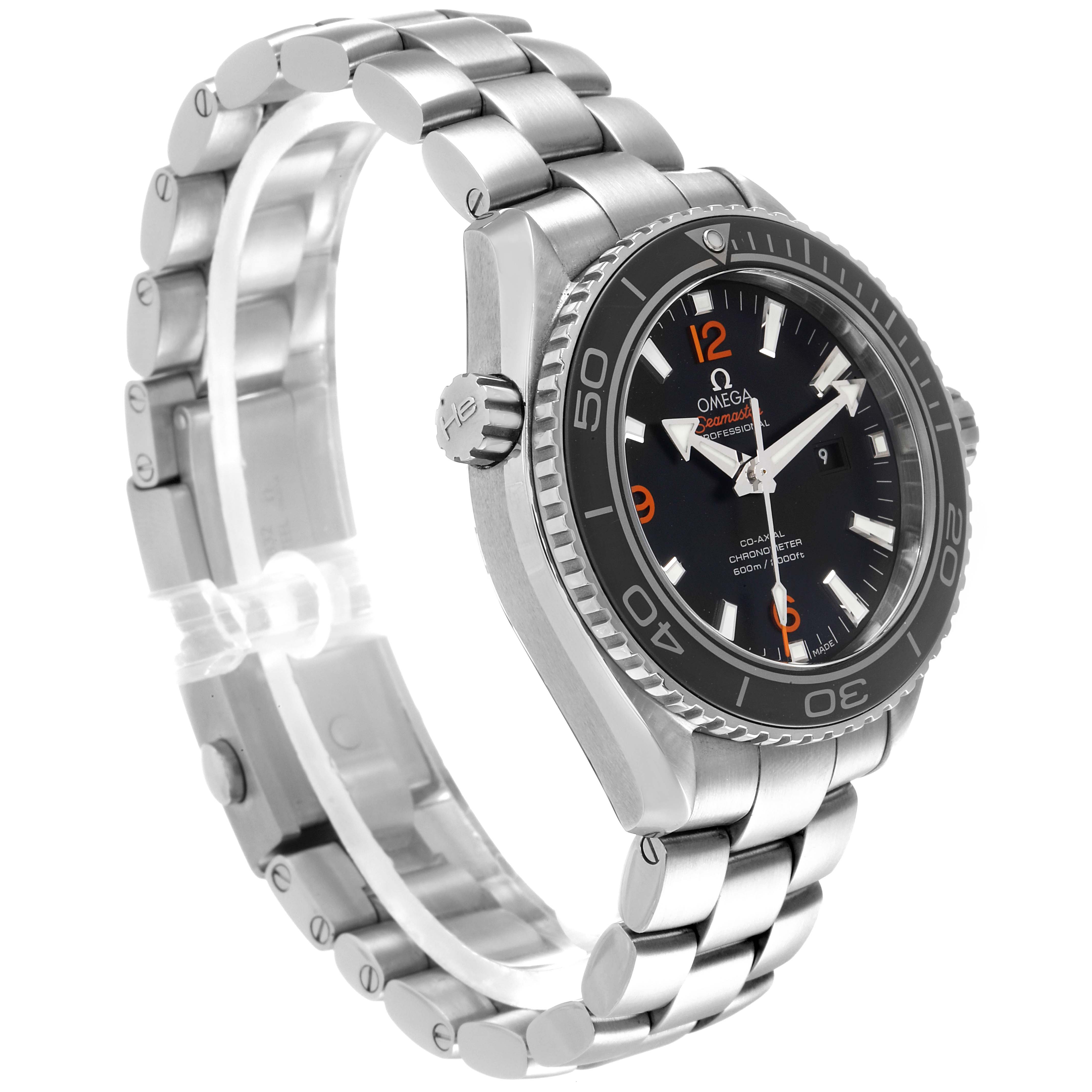 The Omega Planet Ocean 232.30.38.20.01.002 Men's Stainless Steel Black Dial 232.30.38.20.01.002 Men's Stainless Steel Black Dial watch is shown at a side angle, highlighting the bracelet, bezel, crown, and face with visible hour markers.