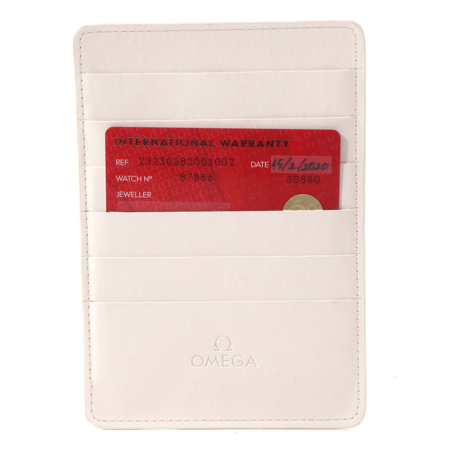 This image shows the warranty card and cardholder for the Omega Planet Ocean 232.30.38.20.01.002 Men's Stainless Steel Black Dial 232.30.38.20.01.002 Men's Stainless Steel Black Dial model watch.