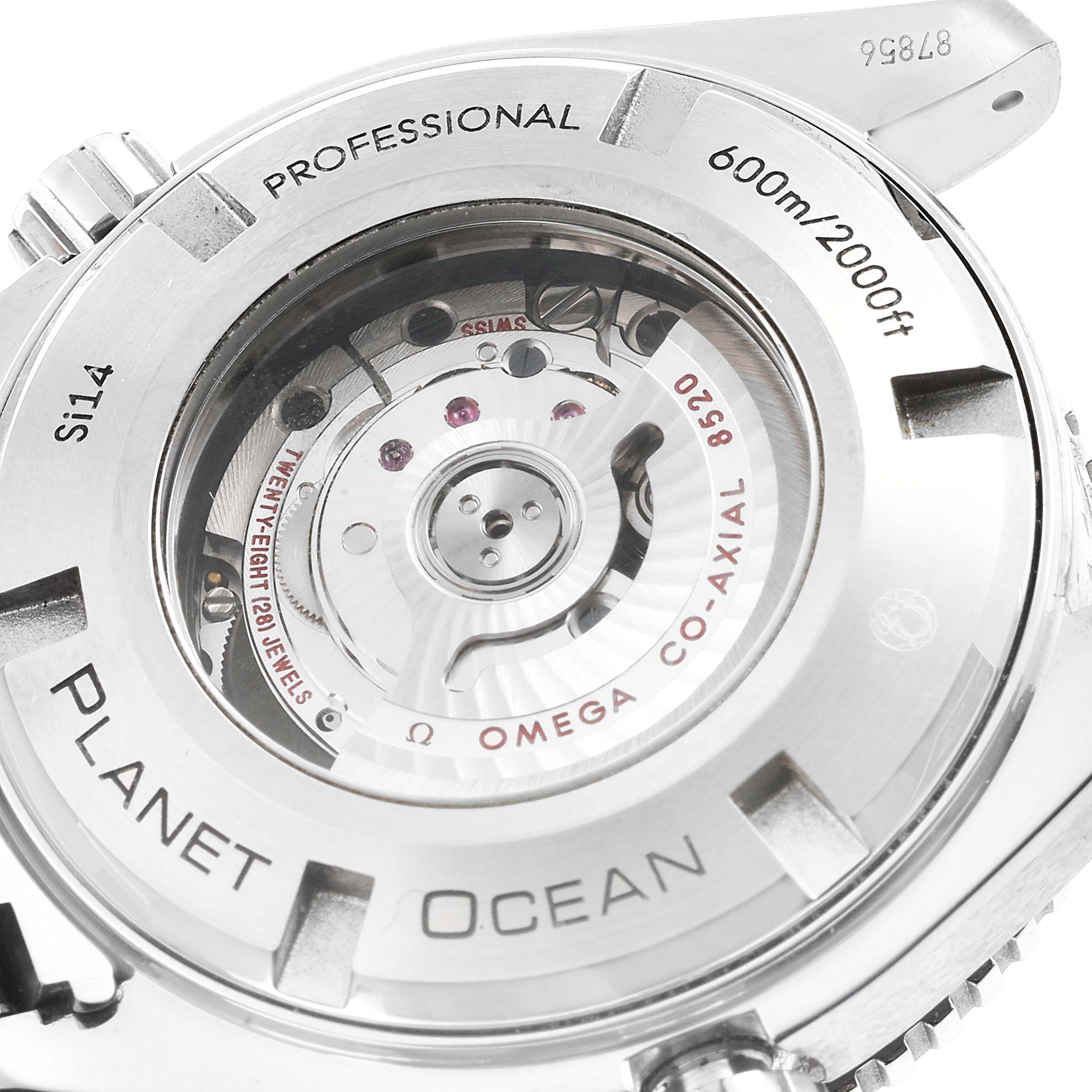 The image shows the back case and exposed movement of an Omega Planet Ocean 232.30.38.20.01.002 Men's Stainless Steel Black Dial 232.30.38.20.01.002 Men's Stainless Steel Black Dial watch.