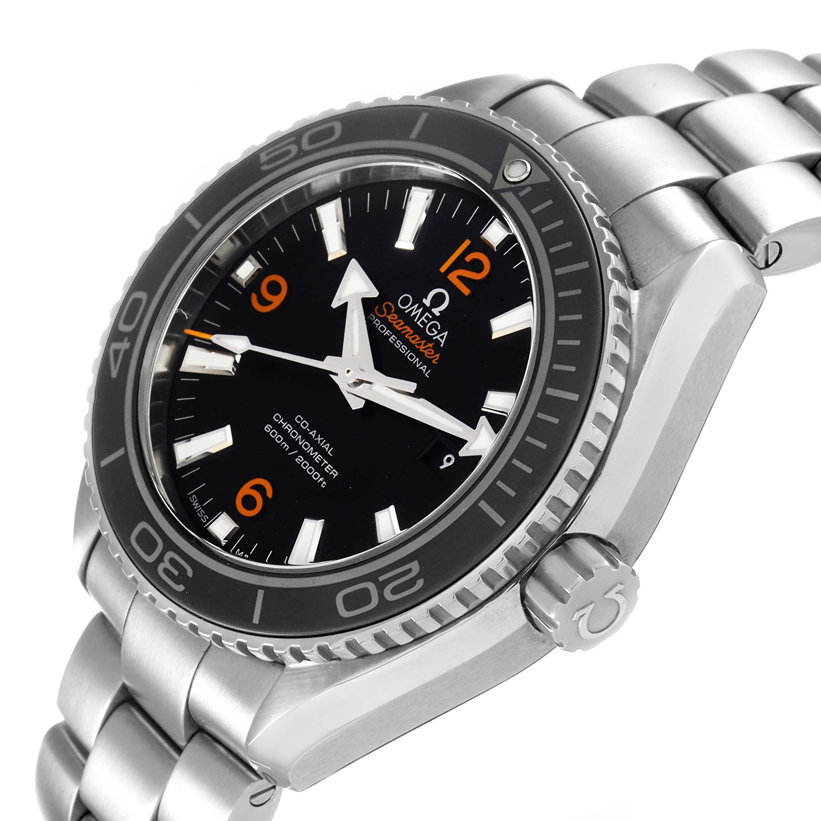 The image shows an angled view of the Omega Planet Ocean 232.30.38.20.01.002 Men's Stainless Steel Black Dial 232.30.38.20.01.002 Men's Stainless Steel Black Dial watch, highlighting its dial, bezel, crown, and bracelet.