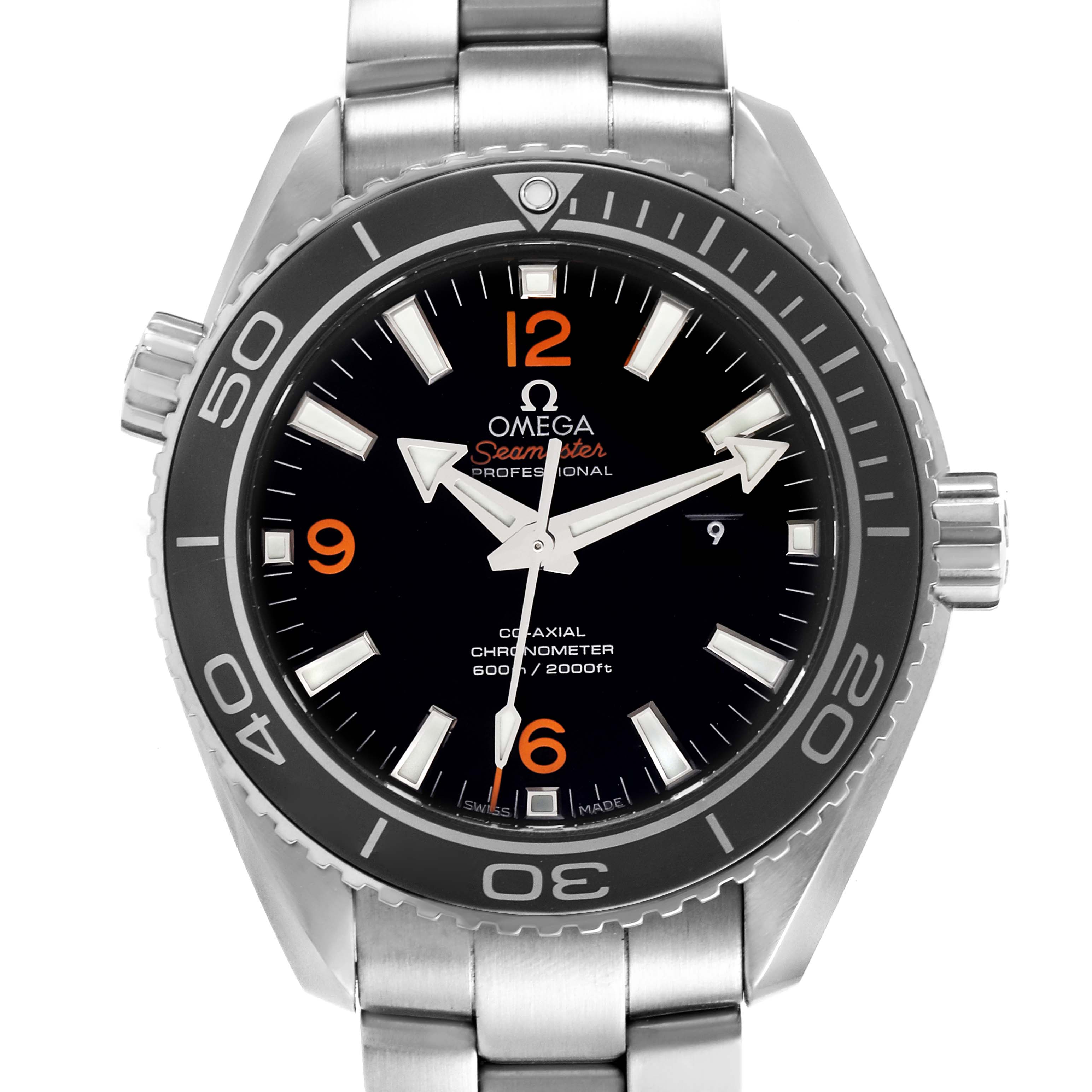 This image shows a front view of the Omega Planet Ocean 232.30.38.20.01.002 Men's Stainless Steel Black Dial 232.30.38.20.01.002 Men's Stainless Steel Black Dial Seamaster watch, highlighting the dial, bezel, bracelet, and crown.