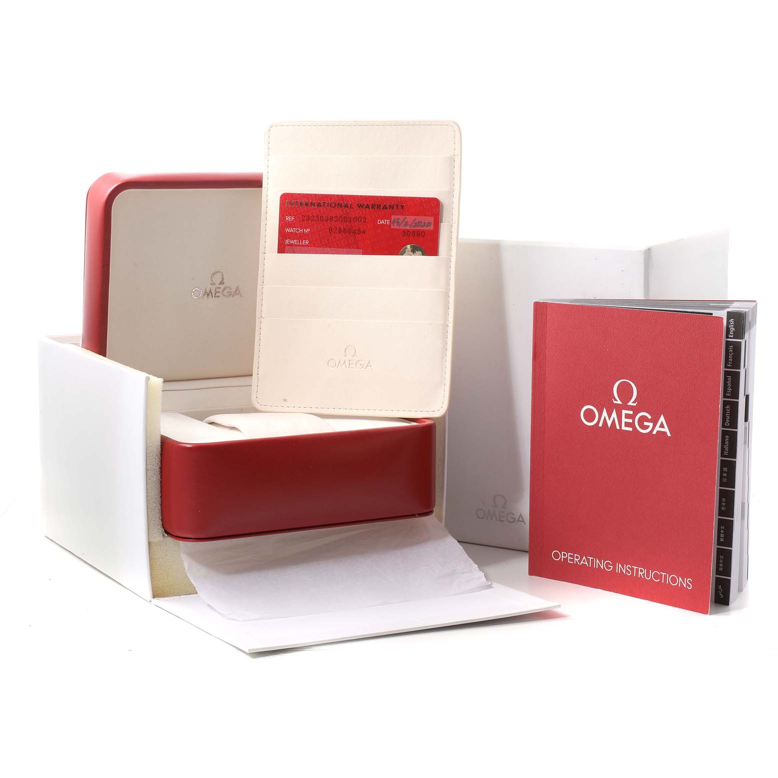 The image shows the packaging, warranty card holder, and operating instructions for the Omega Planet Ocean 232.30.38.20.01.002 Men's Stainless Steel Black Dial 232.30.38.20.01.002 Men's Stainless Steel Black Dial model.