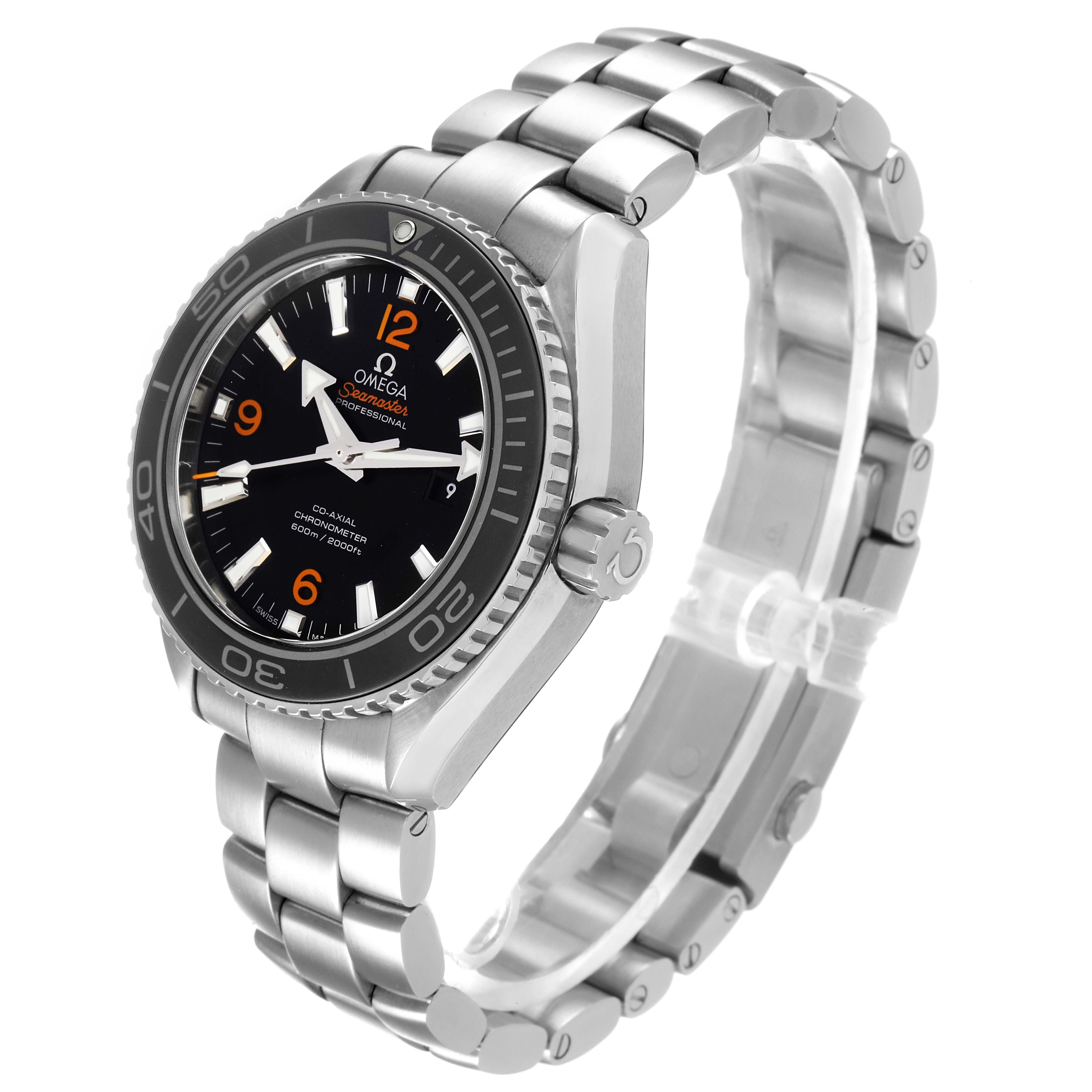 The Omega Planet Ocean 232.30.38.20.01.002 Men's Stainless Steel Black Dial 232.30.38.20.01.002 Men's Stainless Steel Black Dial watch is shown at a three-quarter angle with a focus on its face and metal bracelet.