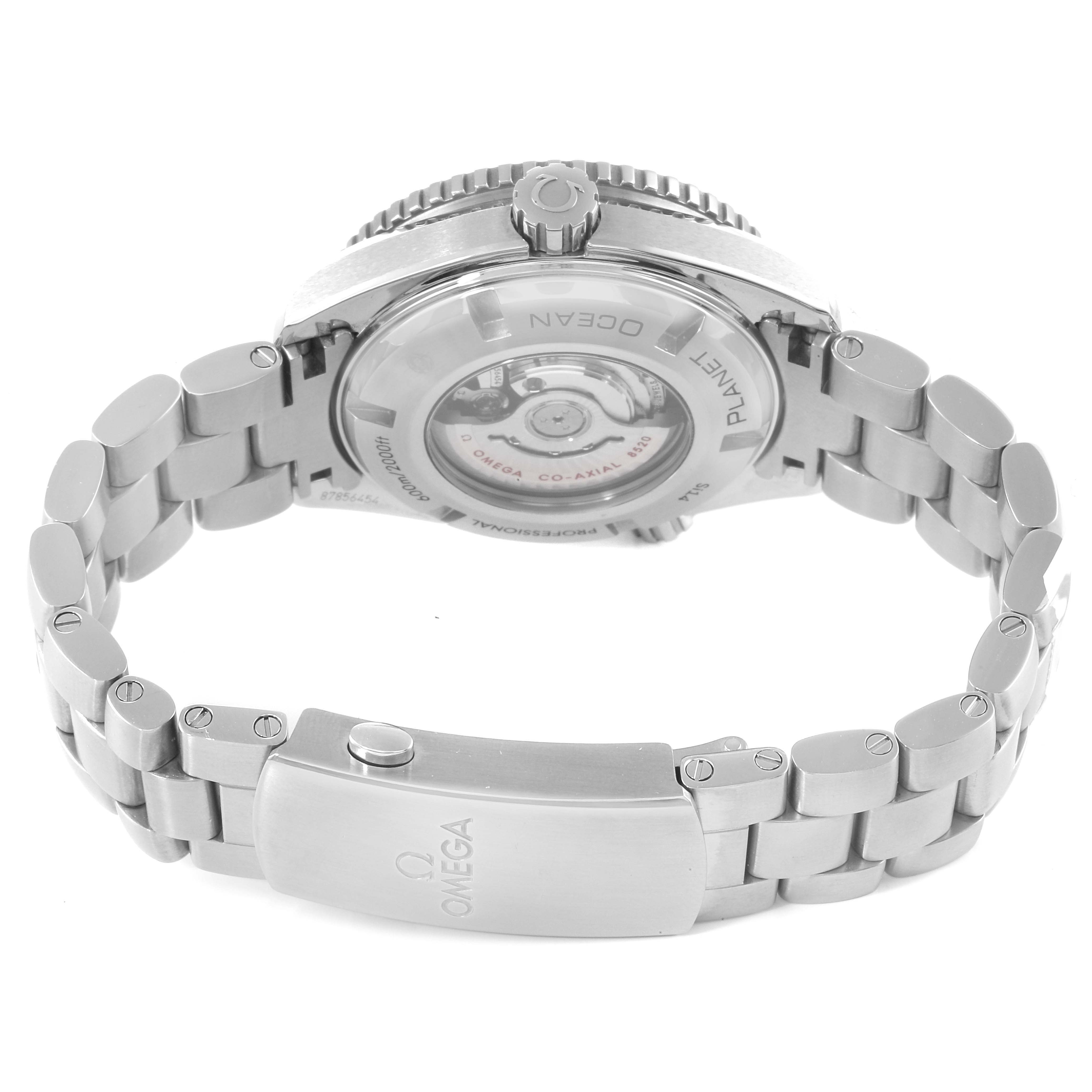 This image shows the back view of the Omega Planet Ocean 232.30.38.20.01.002 Men's Stainless Steel Black Dial 232.30.38.20.01.002 Men's Stainless Steel Black Dial watch, highlighting the clasp and the transparent case back.