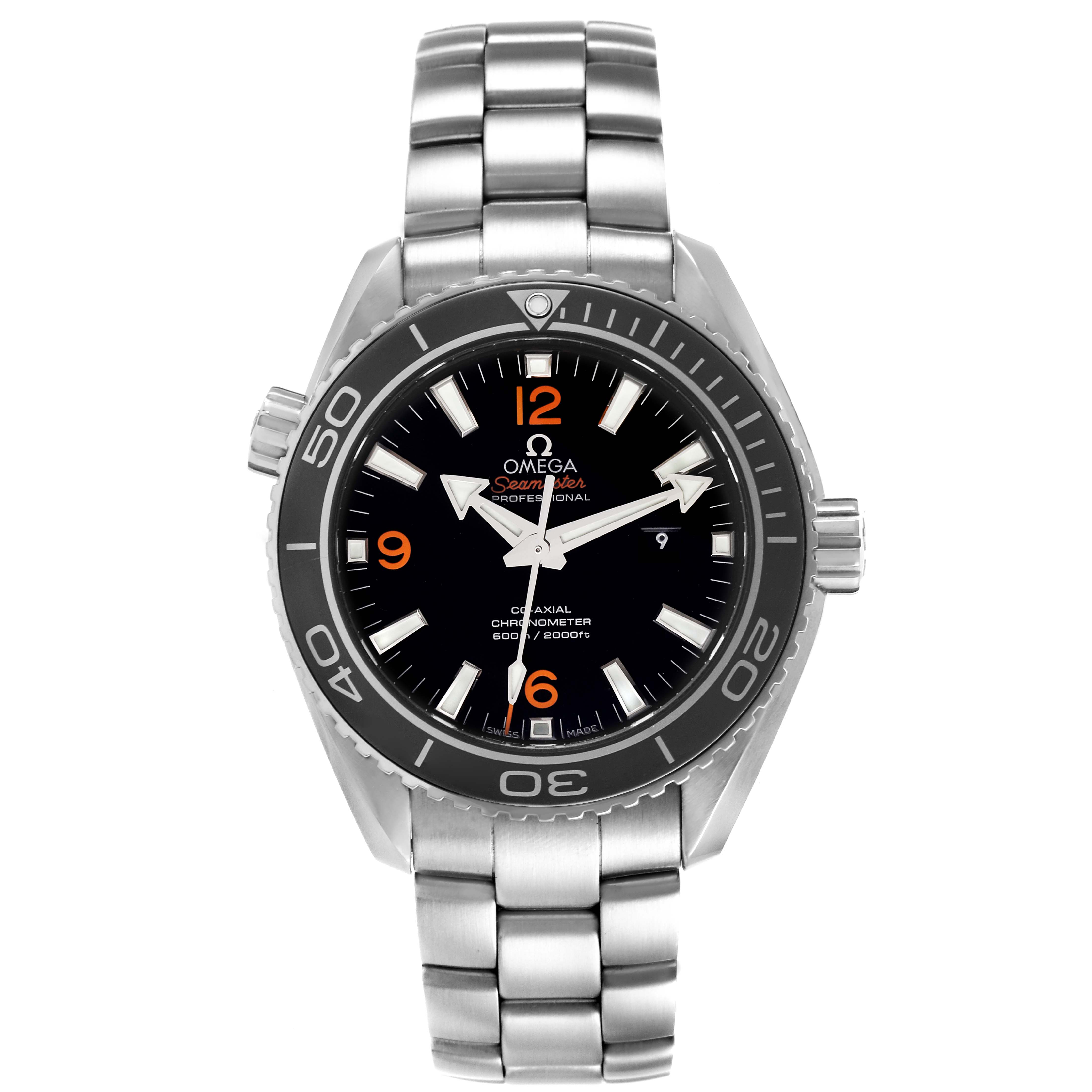 This image shows a front-facing view of the Omega Planet Ocean 232.30.38.20.01.002 Men's Stainless Steel Black Dial 232.30.38.20.01.002 Men's Stainless Steel Black Dial watch, featuring its dial, bezel, and stainless steel bracelet.