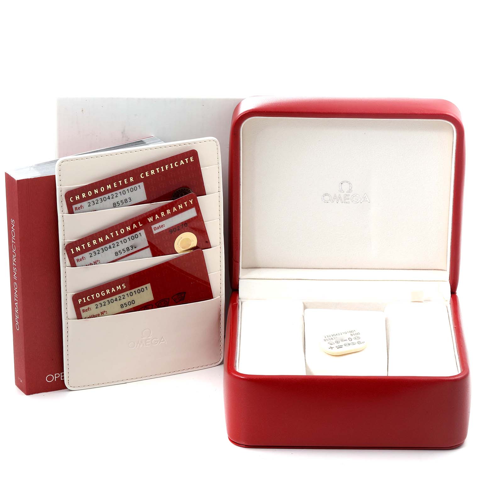 The image shows accessories for the Omega Planet Ocean 232.30.42.21.01.001 Men's Stainless Steel Black Dial 232.30.42.21.01.001 Men's Stainless Steel Black Dial model, including a red watch box, warranty cards, and an instruction manual.