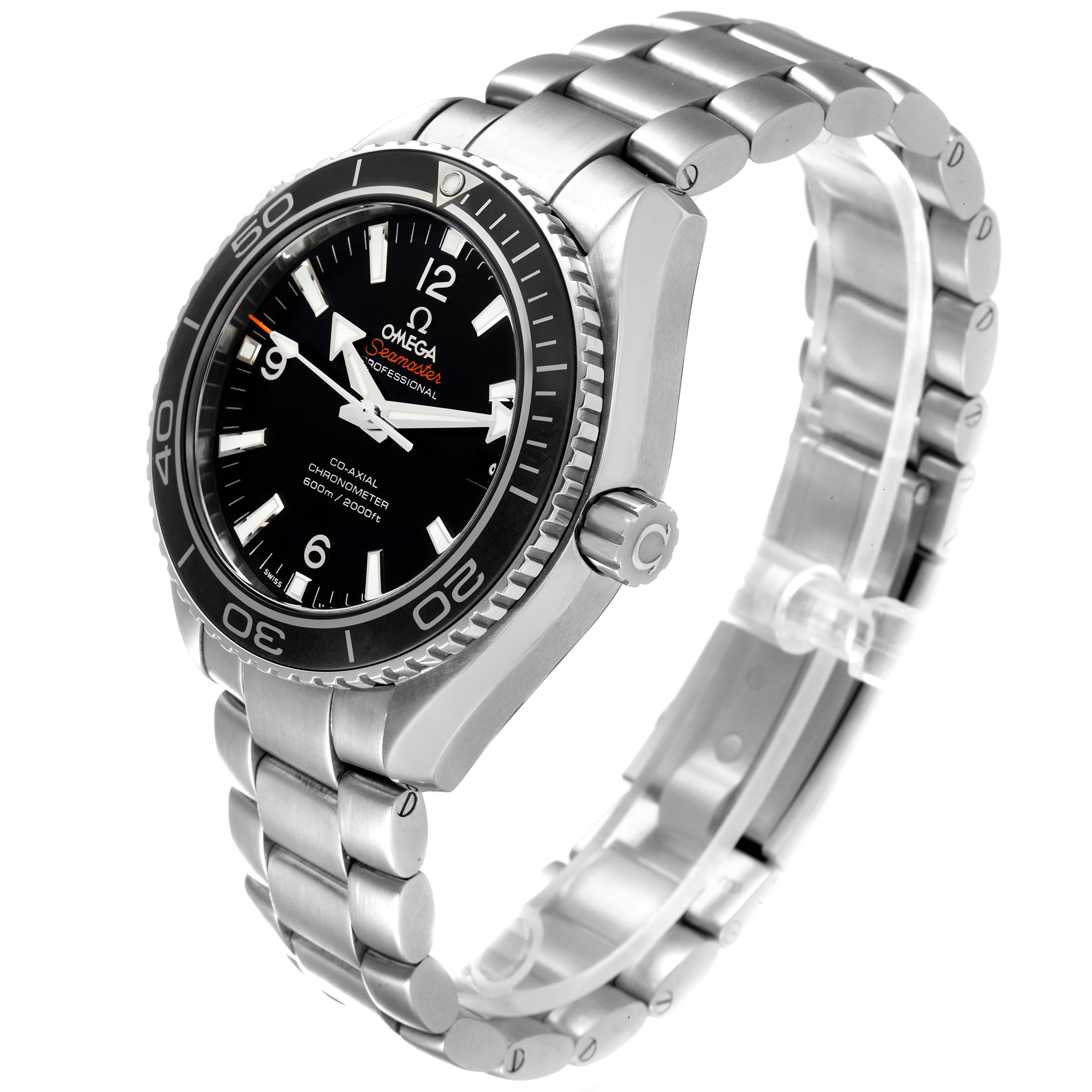 The Omega Planet Ocean 232.30.42.21.01.001 Men's Stainless Steel Black Dial 232.30.42.21.01.001 Men's Stainless Steel Black Dial watch is shown from a three-quarter angle, featuring the dial, bezel, crown, and parts of the bracelet.