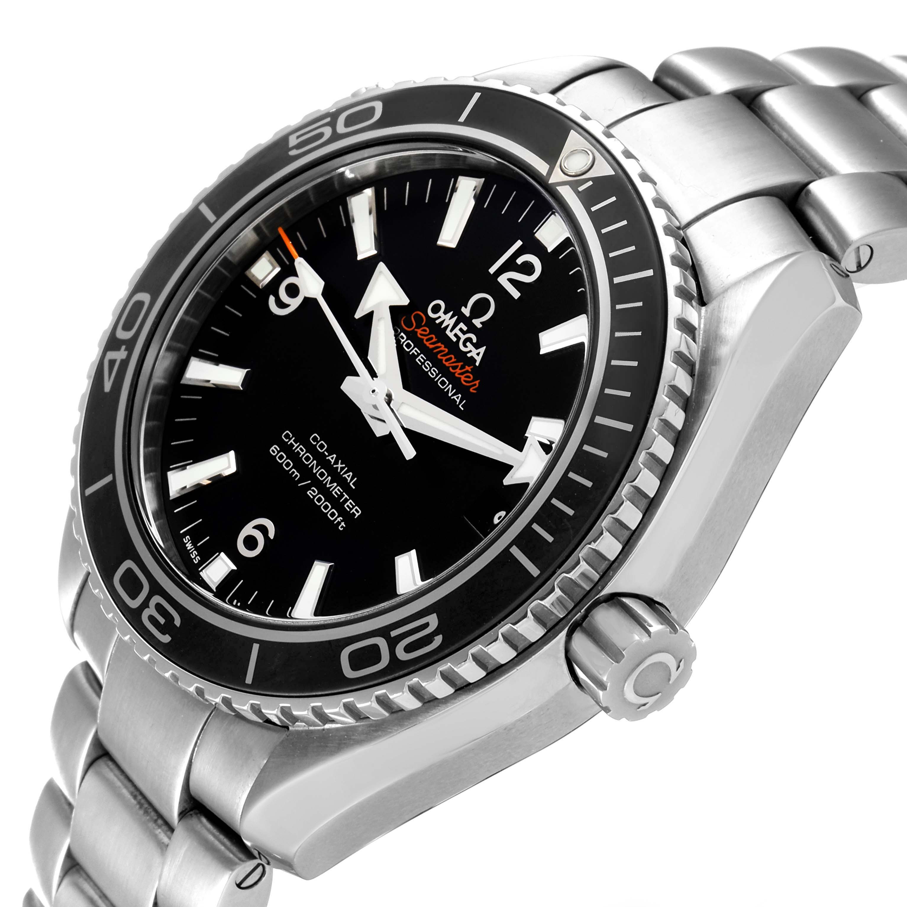 This Omega Planet Ocean 232.30.42.21.01.001 Men's Stainless Steel Black Dial 232.30.42.21.01.001 Men's Stainless Steel Black Dial watch is shown at an angle displaying its face, bezel, side profile, and bracelet.