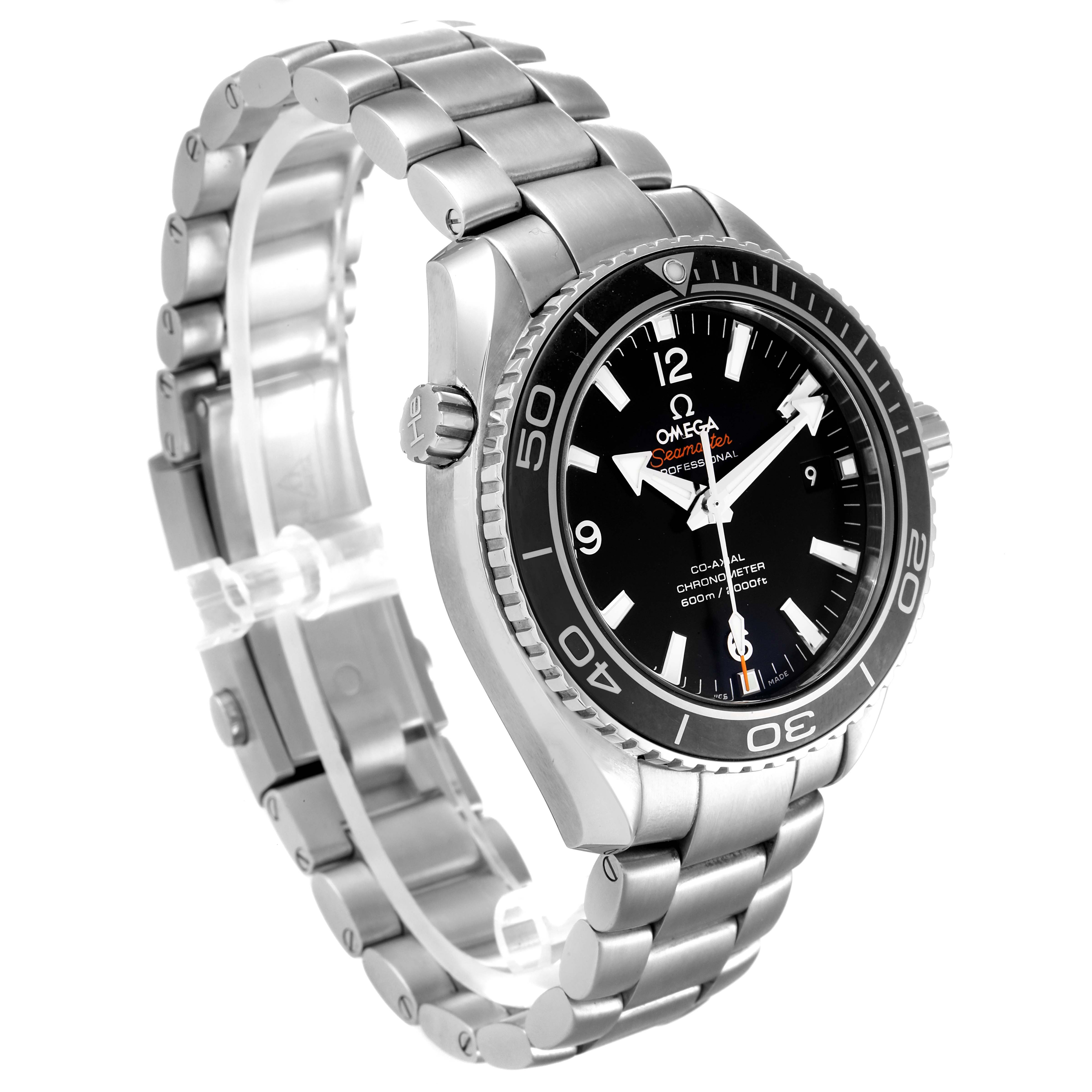 The Omega Planet Ocean 232.30.42.21.01.001 Men's Stainless Steel Black Dial 232.30.42.21.01.001 Men's Stainless Steel Black Dial watch is shown at a three-quarter angle, displaying the face, bezel, crown, and metal bracelet.