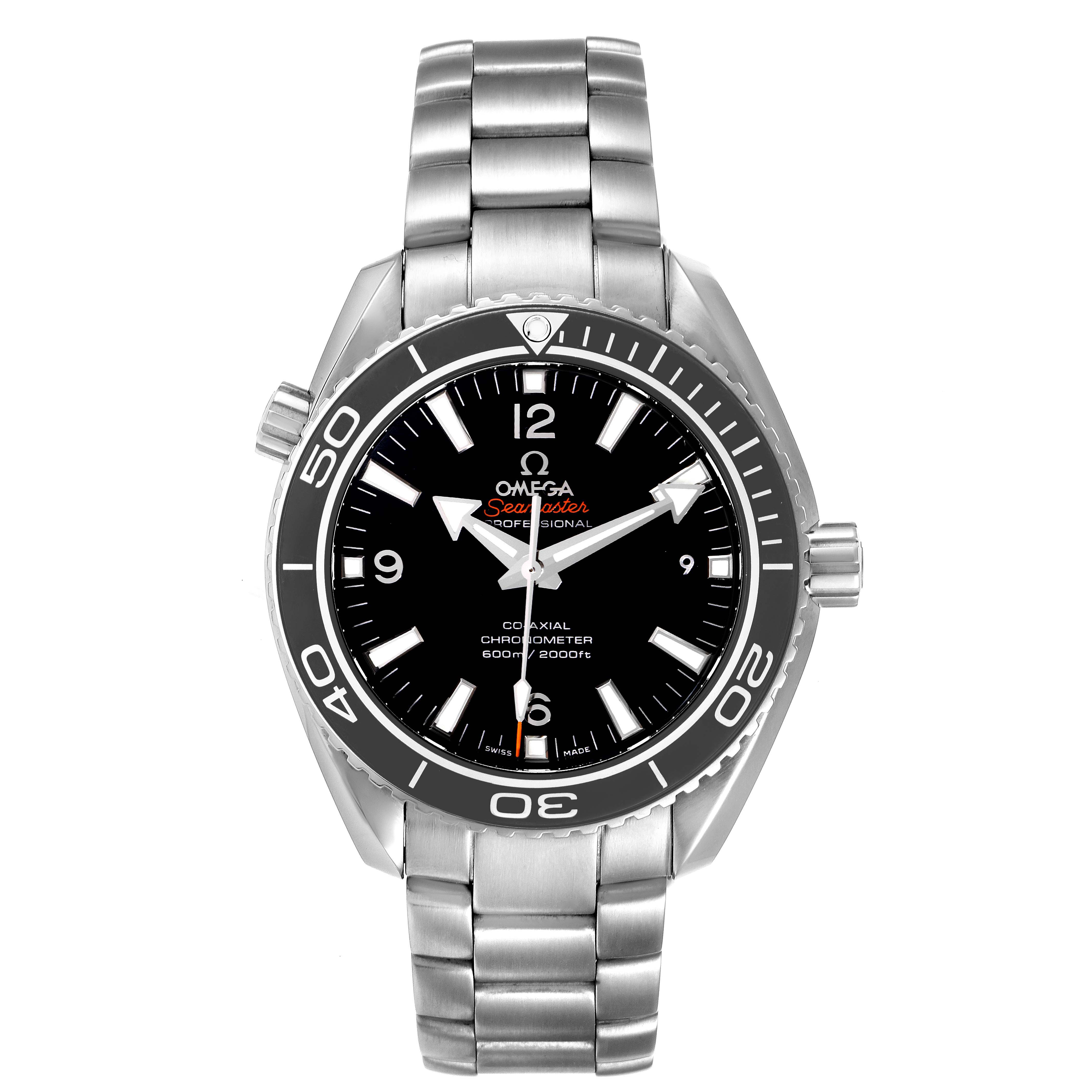 The image shows a front view of the Omega Planet Ocean 232.30.42.21.01.001 Men's Stainless Steel Black Dial 232.30.42.21.01.001 Men's Stainless Steel Black Dial model, focusing on the face, bezel, and bracelet.