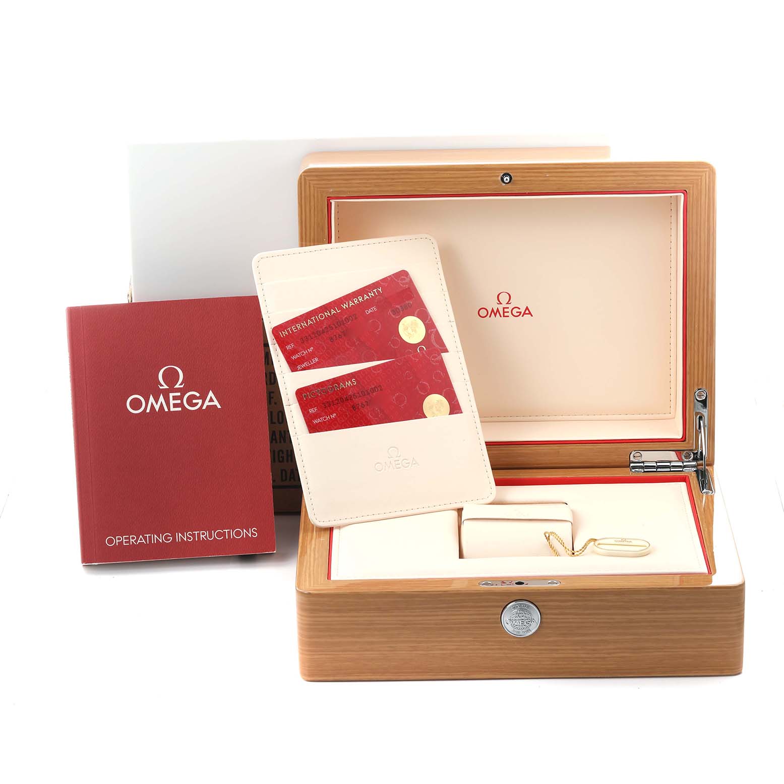 The Omega Speedmaster 331.20.42.51.01.002 Men's Steel and Gold (two tone) Black Dial 331.20.42.51.01.002 Men's Steel and Gold (two tone) Black Dial accessories include a wooden box, warranty cards, instruction manual, and a key, shown from a frontal angle.