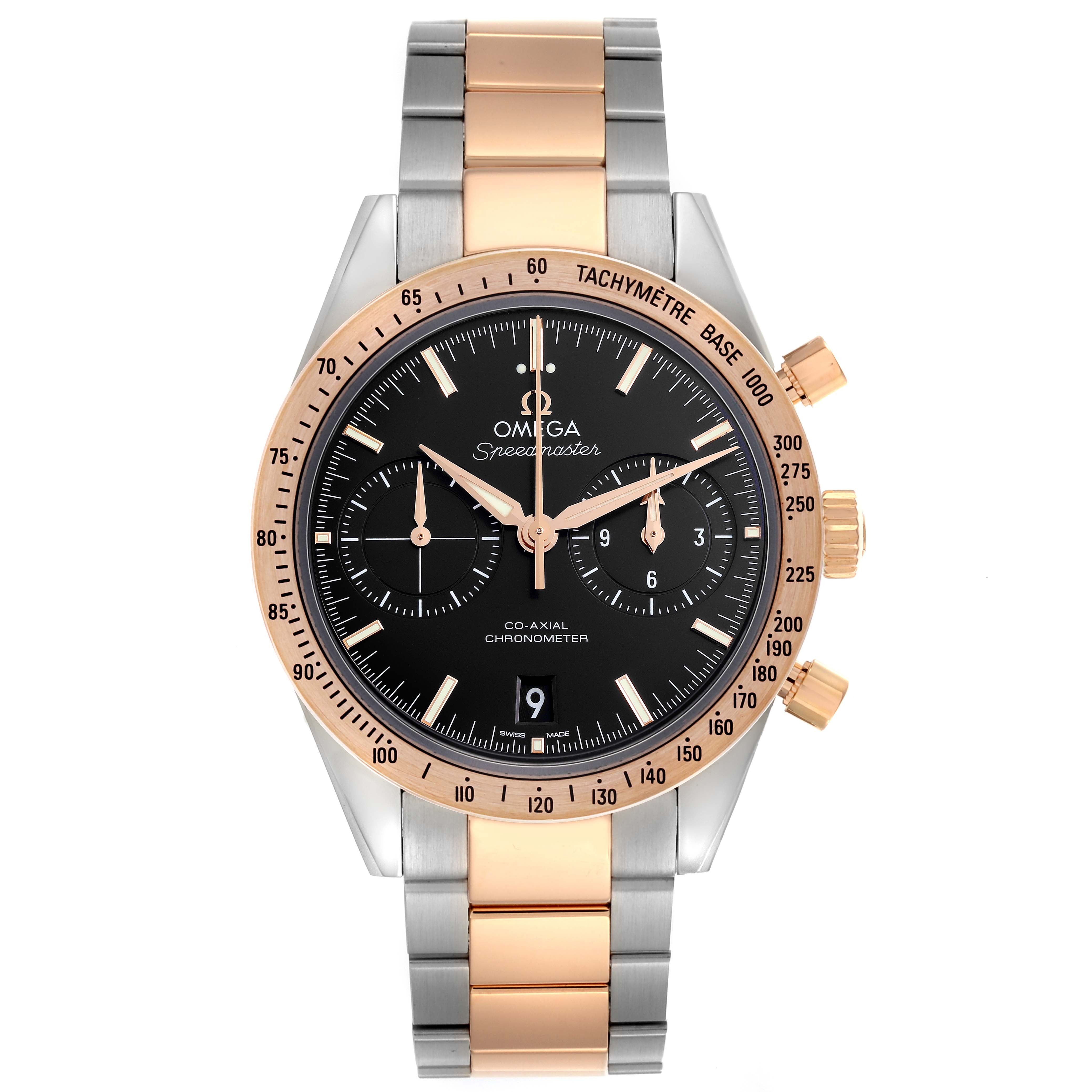 The Omega Speedmaster 331.20.42.51.01.002 Men's Steel and Gold (two tone) Black Dial 331.20.42.51.01.002 Men's Steel and Gold (two tone) Black Dial watch is shown from the front, highlighting the dial, bezel, crown, pushers, and two-tone bracelet.