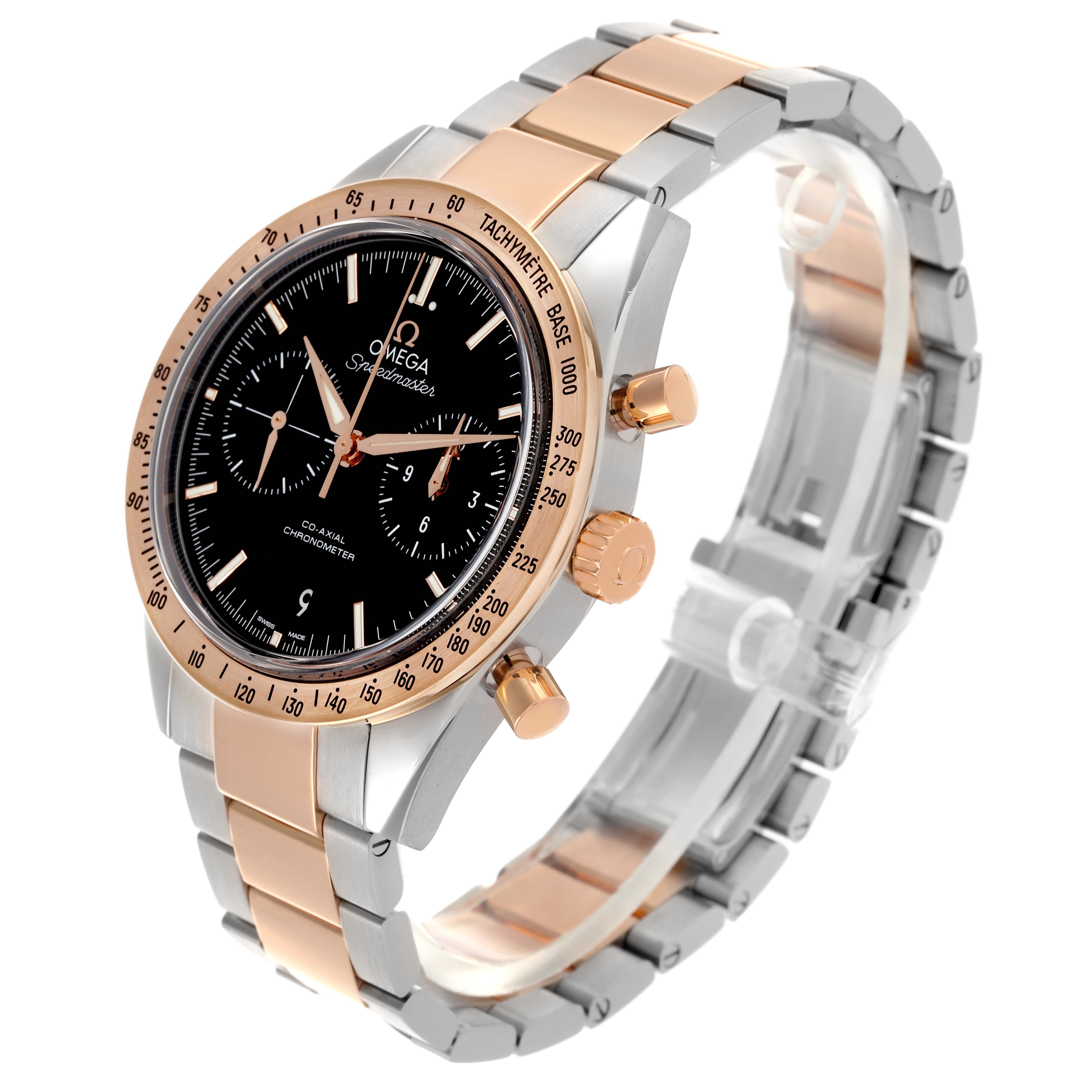 The Omega Speedmaster 331.20.42.51.01.002 Men's Steel and Gold (two tone) Black Dial 331.20.42.51.01.002 Men's Steel and Gold (two tone) Black Dial watch is shown at a three-quarter angle, highlighting its bezel, dial, bracelet, and crown.