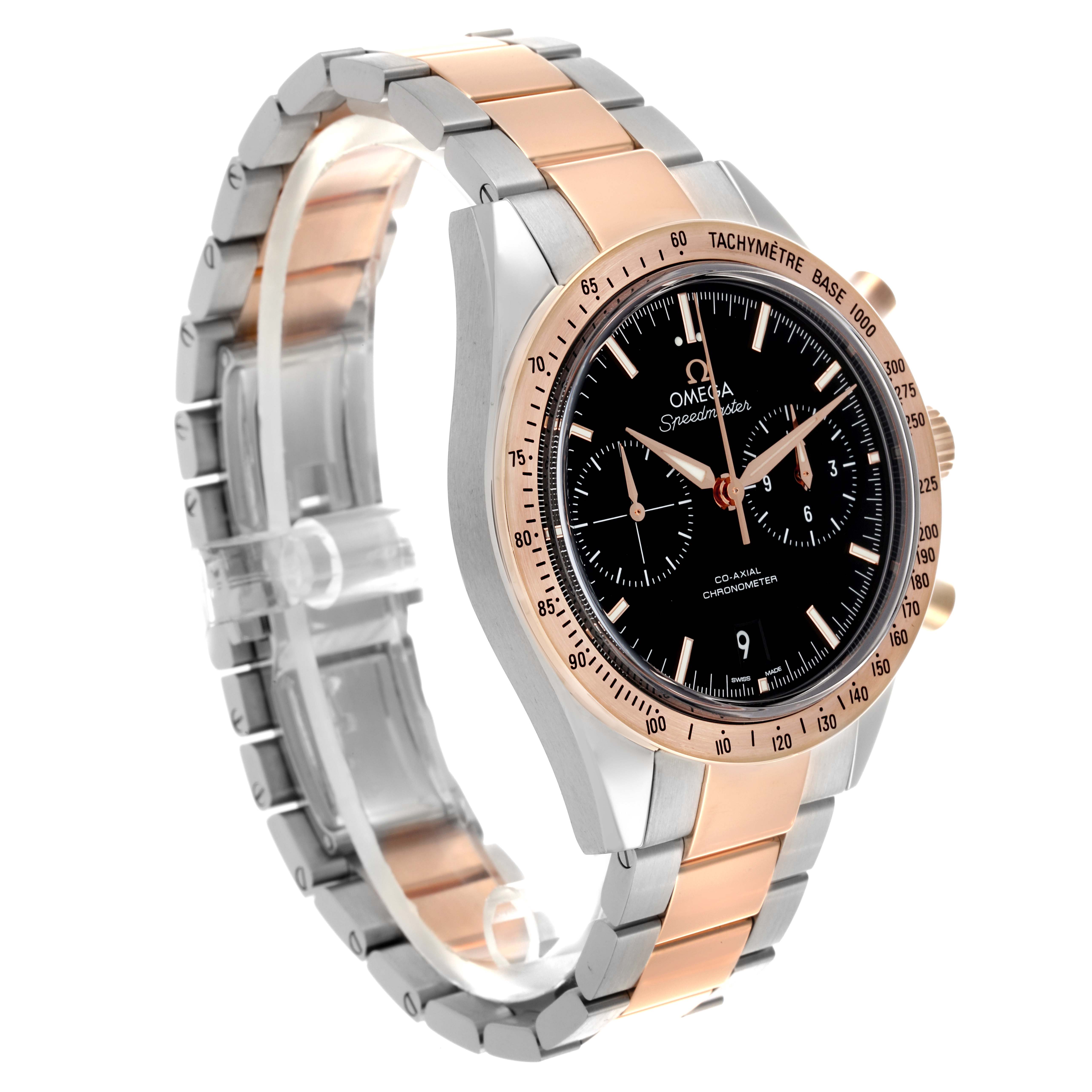 The Omega Speedmaster 331.20.42.51.01.002 Men's Steel and Gold (two tone) Black Dial 331.20.42.51.01.002 Men's Steel and Gold (two tone) Black Dial is shown at a side angle, highlighting the face, tachymeter, and two-tone bracelet.