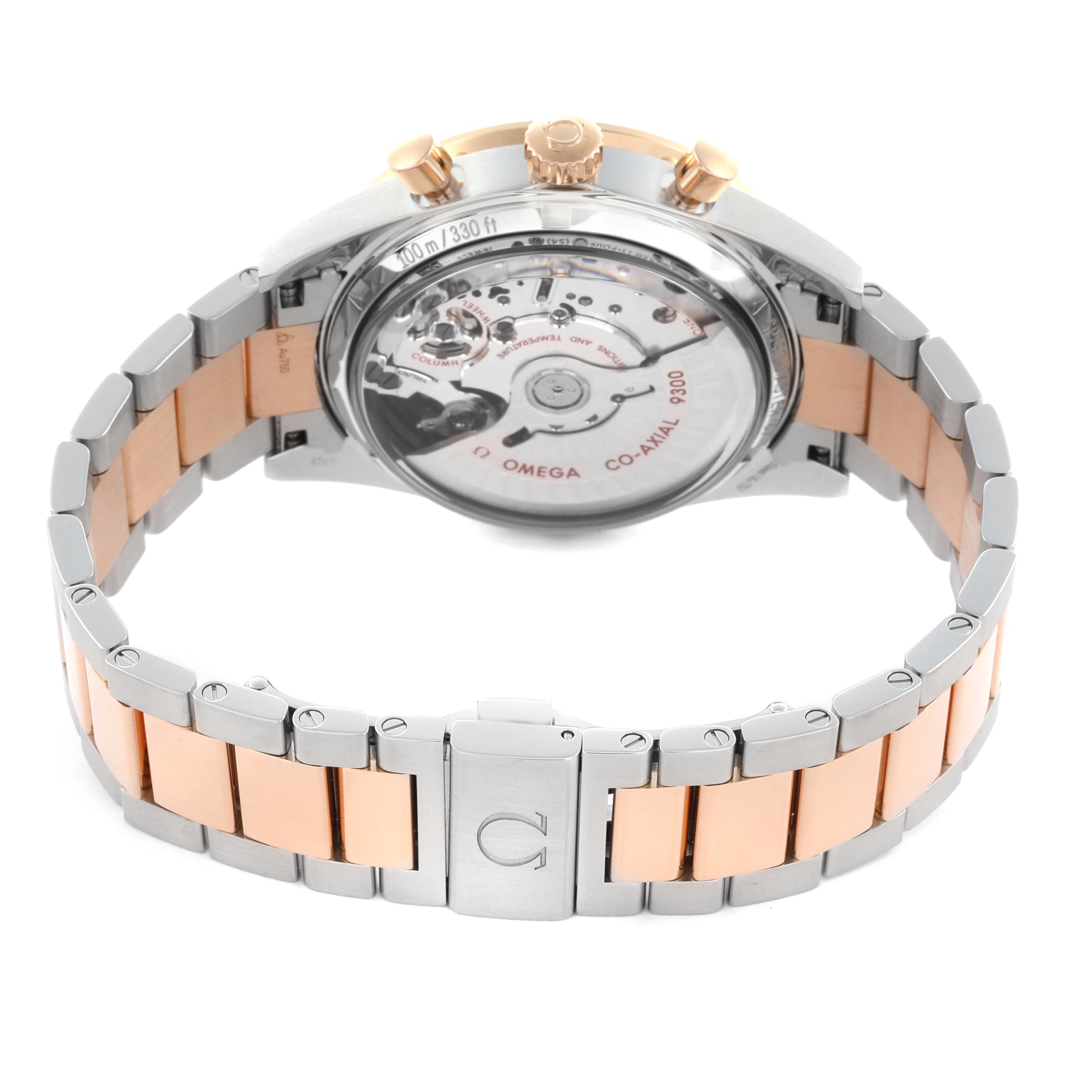 The Omega Speedmaster 331.20.42.51.01.002 Men's Steel and Gold (two tone) Black Dial 331.20.42.51.01.002 Men's Steel and Gold (two tone) Black Dial is shown from the back, highlighting the movement and rose gold and steel bracelet.