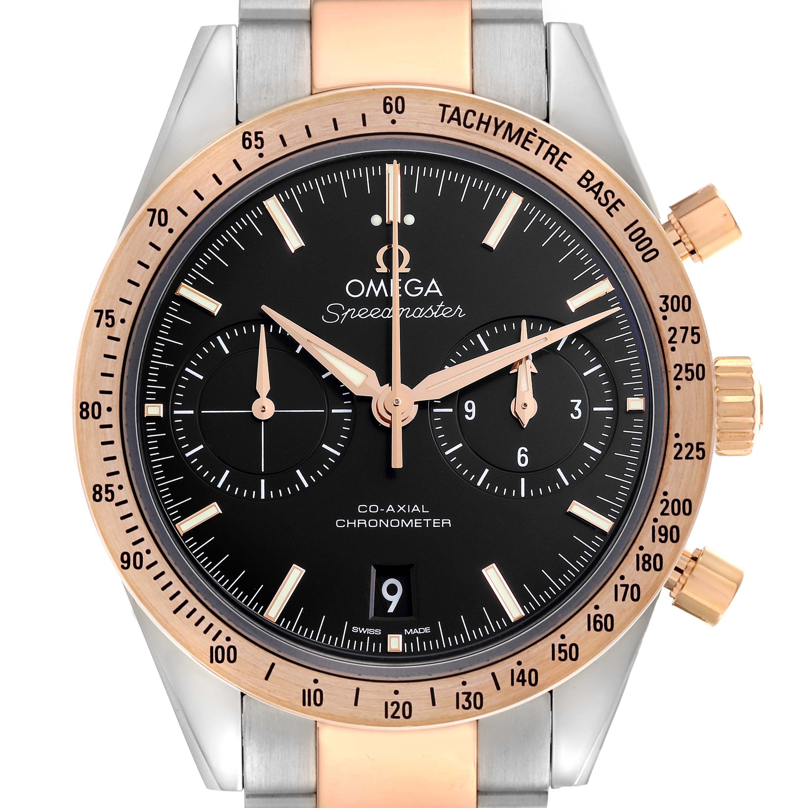The Omega Speedmaster 331.20.42.51.01.002 Men's Steel and Gold (two tone) Black Dial 331.20.42.51.01.002 Men's Steel and Gold (two tone) Black Dial watch is shown from the front, highlighting the face, hands, subdials, tachymeter bezel, and crown.