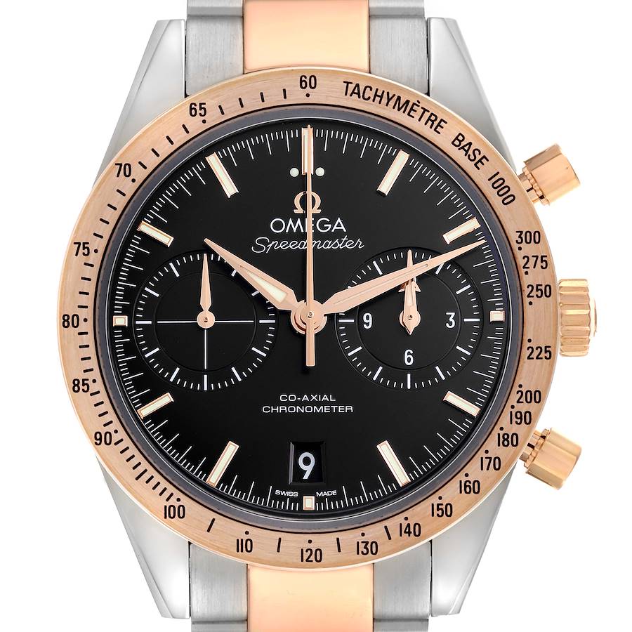 The Omega Speedmaster watch is shown from the front, highlighting the face, hands, subdials, tachymeter bezel, and crown.