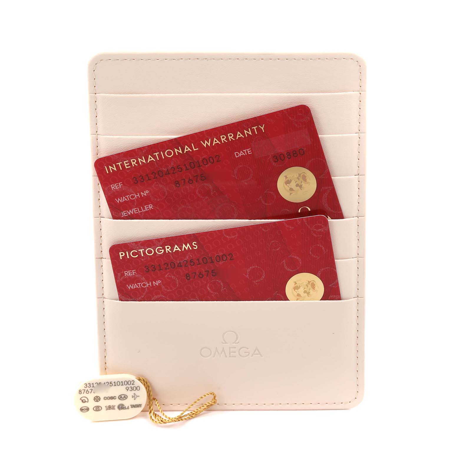 The image shows Omega Speedmaster 331.20.42.51.01.002 Men's Steel and Gold (two tone) Black Dial 331.20.42.51.01.002 Men's Steel and Gold (two tone) Black Dial accessories including an international warranty card, a pictogram card, and a tag.