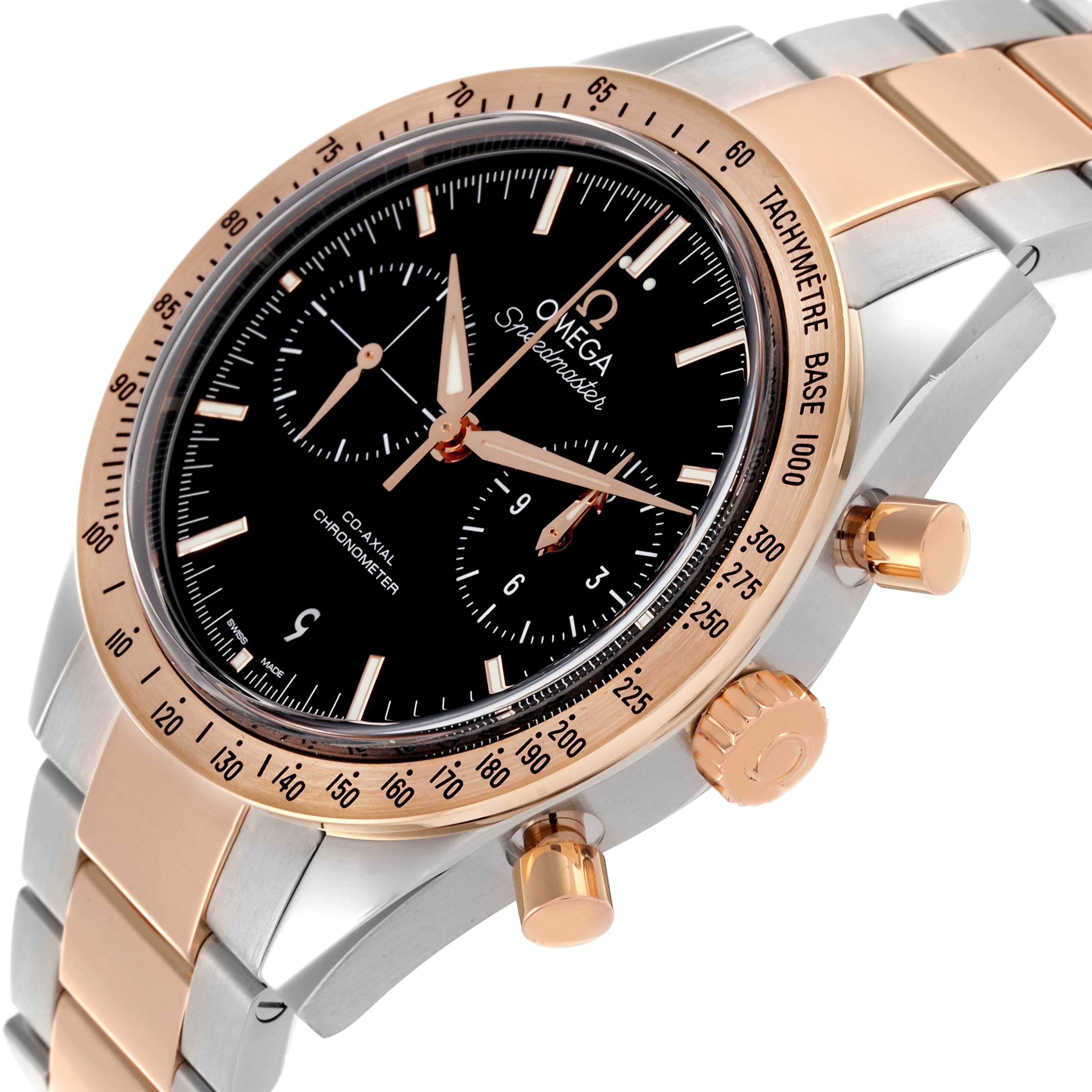 The Omega Speedmaster 331.20.42.51.01.002 Men's Steel and Gold (two tone) Black Dial 331.20.42.51.01.002 Men's Steel and Gold (two tone) Black Dial watch is shown at a three-quarter angle, displaying the bezel, crown, pushers, and bracelet.