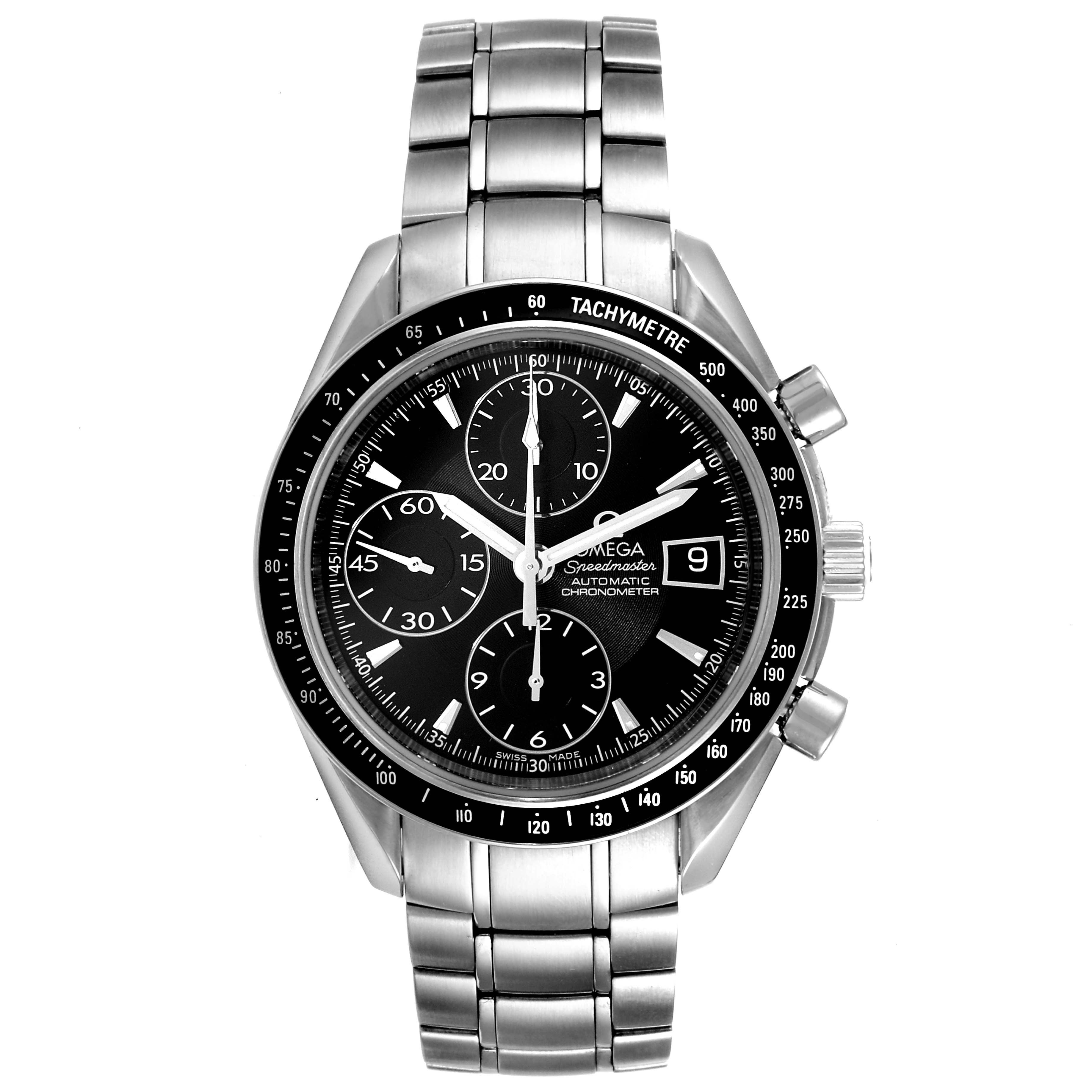 The image shows a frontal view of the Omega Speedmaster 3210.50.00 Men
s Stainless Steel Black Dial 3210.50.00 Men
s Stainless Steel Black Dial watch, highlighting its dial, bracelet, and tachymeter bezel.