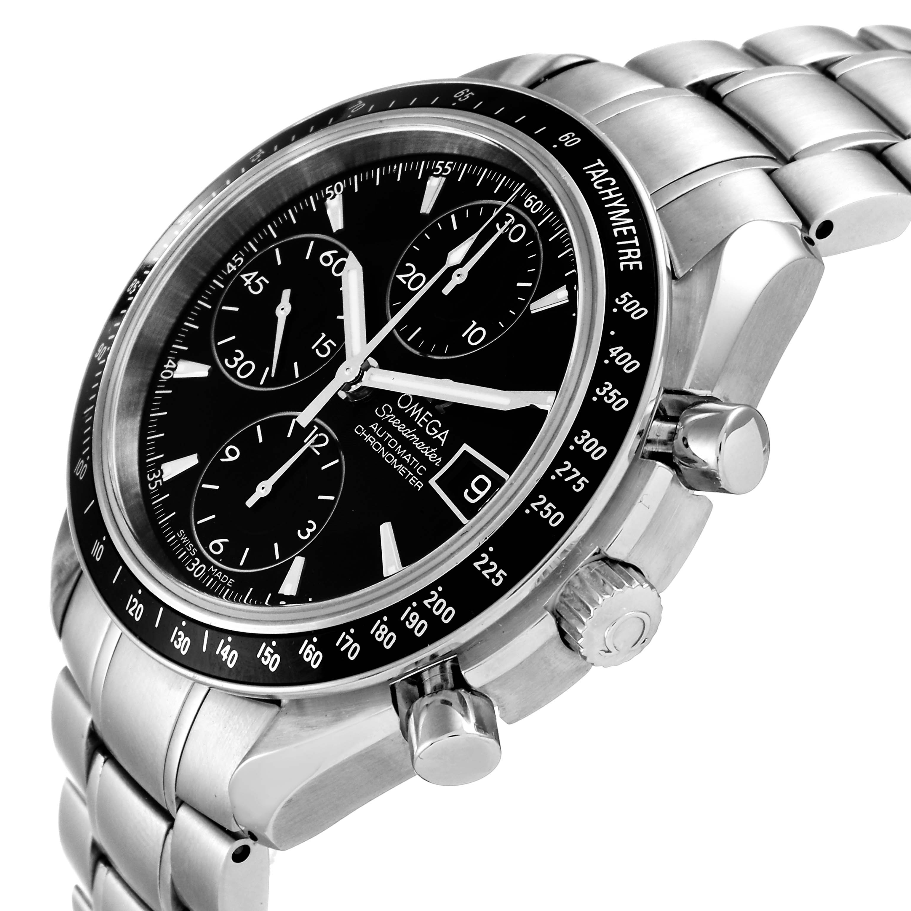 The image shows an angled side view of an Omega Speedmaster 3210.50.00 Men
s Stainless Steel Black Dial 3210.50.00 Men
s Stainless Steel Black Dial watch, displaying its bezel, dial, chronograph, and pushers.