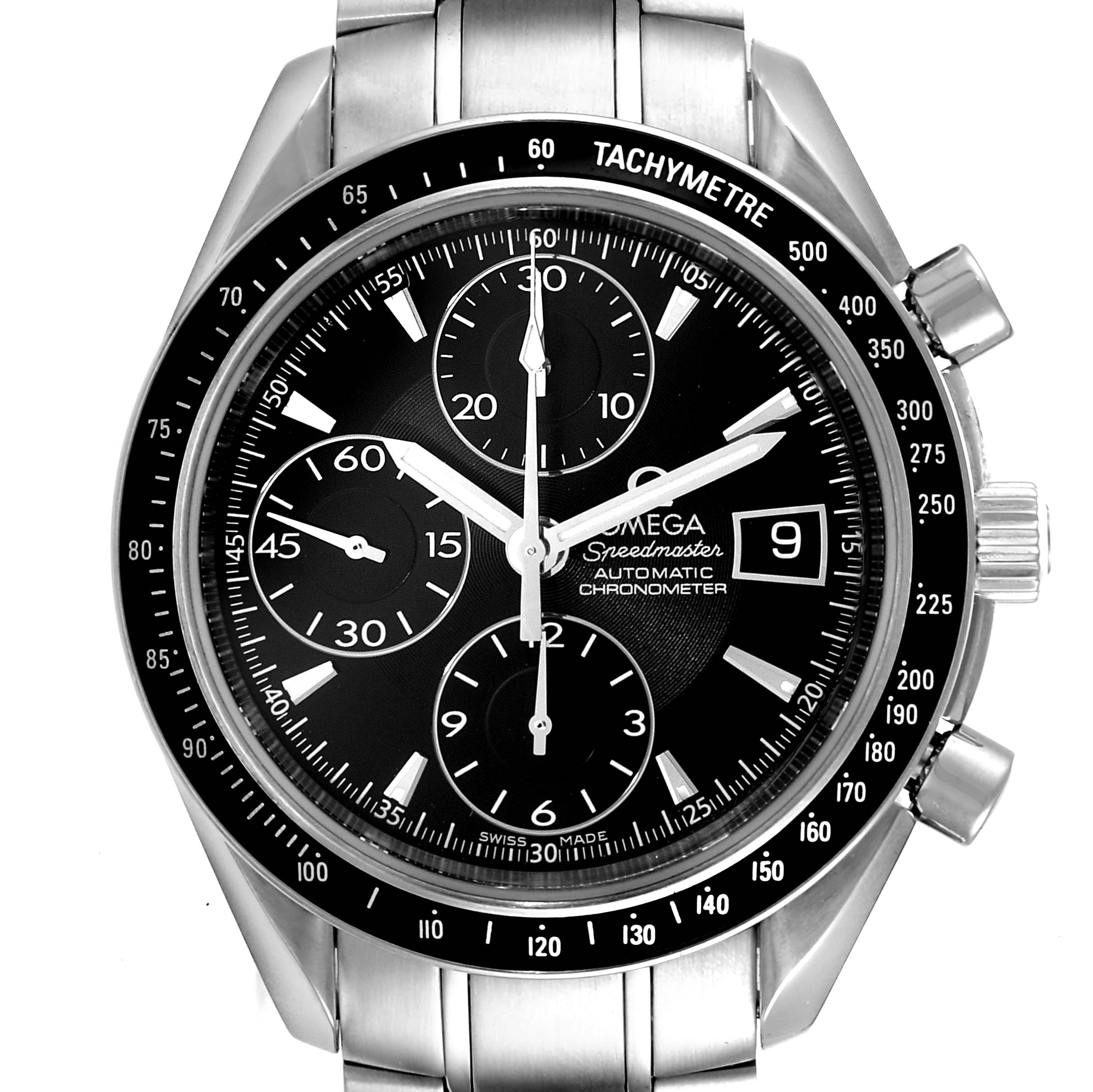 The image shows a front view of the Omega Speedmaster 3210.50.00 Men
s Stainless Steel Black Dial 3210.50.00 Men
s Stainless Steel Black Dial watch, highlighting its dial, subdials, tachymeter, and bracelet.