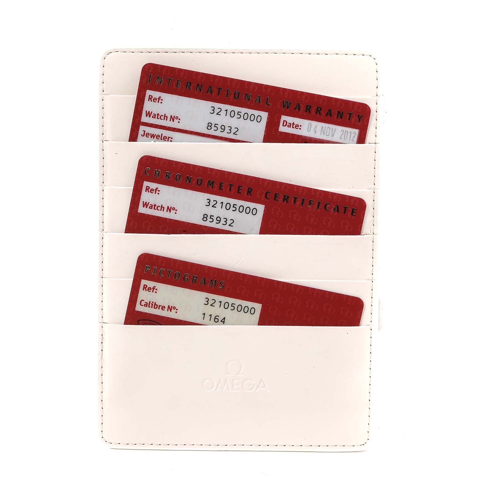 This image shows three cards from Omega Speedmaster 3210.50.00 Men
s Stainless Steel Black Dial 3210.50.00 Men
s Stainless Steel Black Dial: an international warranty, a chronometer certificate, and pictograms.