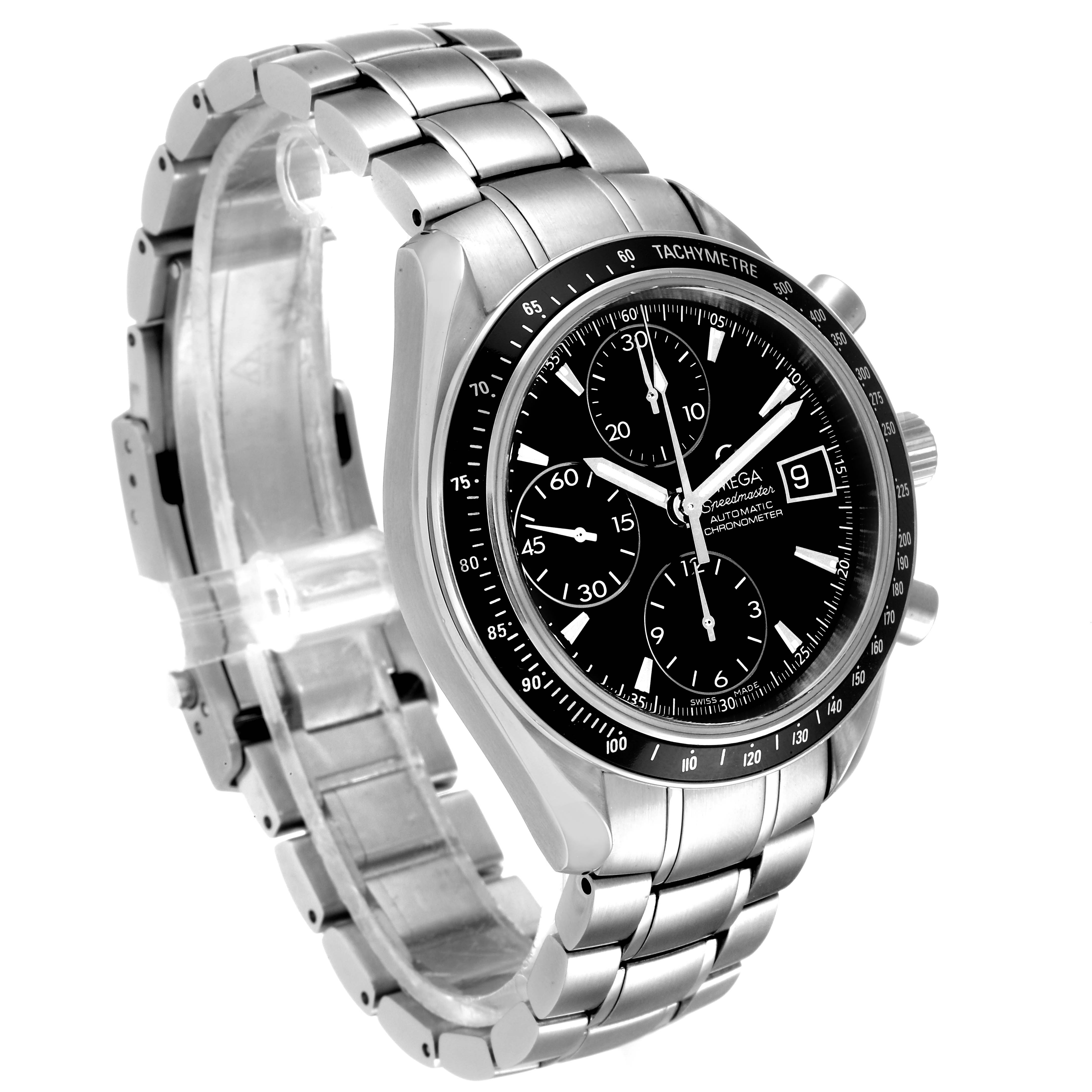 The Omega Speedmaster 3210.50.00 Men
s Stainless Steel Black Dial 3210.50.00 Men
s Stainless Steel Black Dial watch is shown at a slight angle, displaying the face, bracelet, bezel, and chronograph buttons.